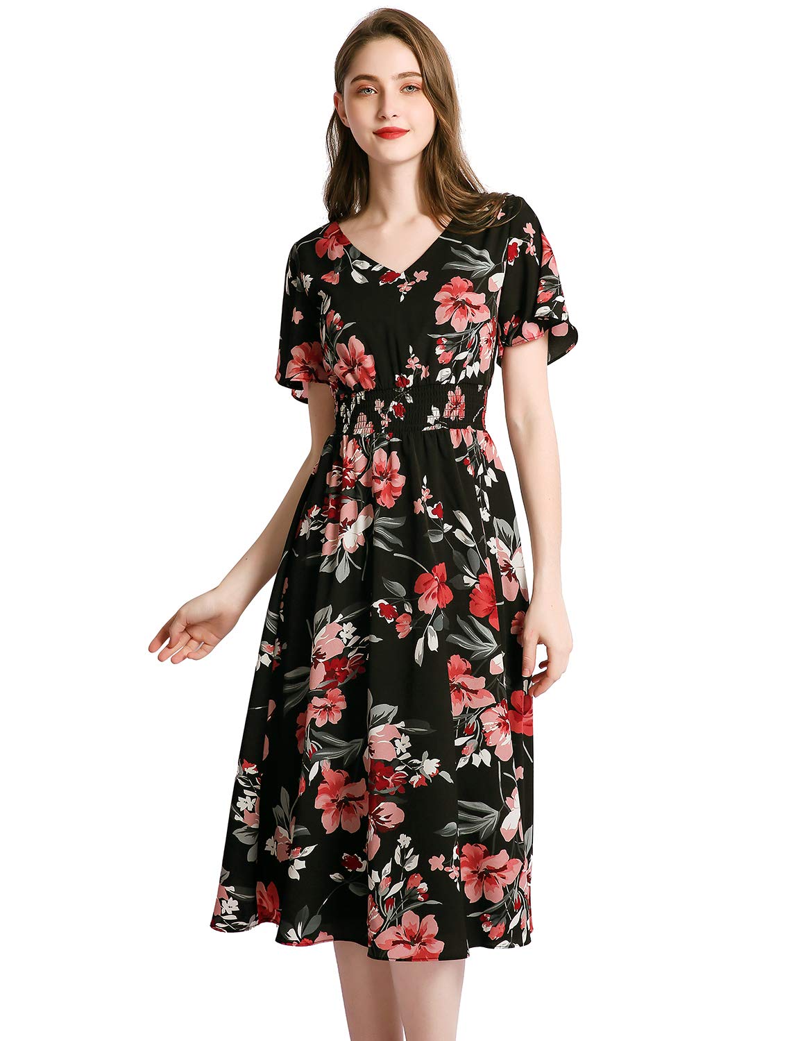 Gardenwed Women's Floral Chiffon Summer Dress - Elastic Waist Sun & Beach Dress for Outdoor Parties, Vacations & Casual Wear