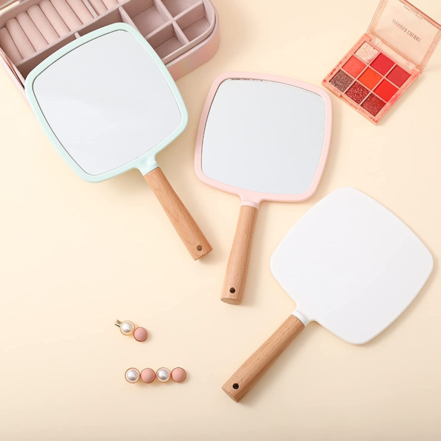 WE-CEF Handheld Wooden Makeup Mirror - Travel Portable for Men & Women - Green Square Design for Home & Travel