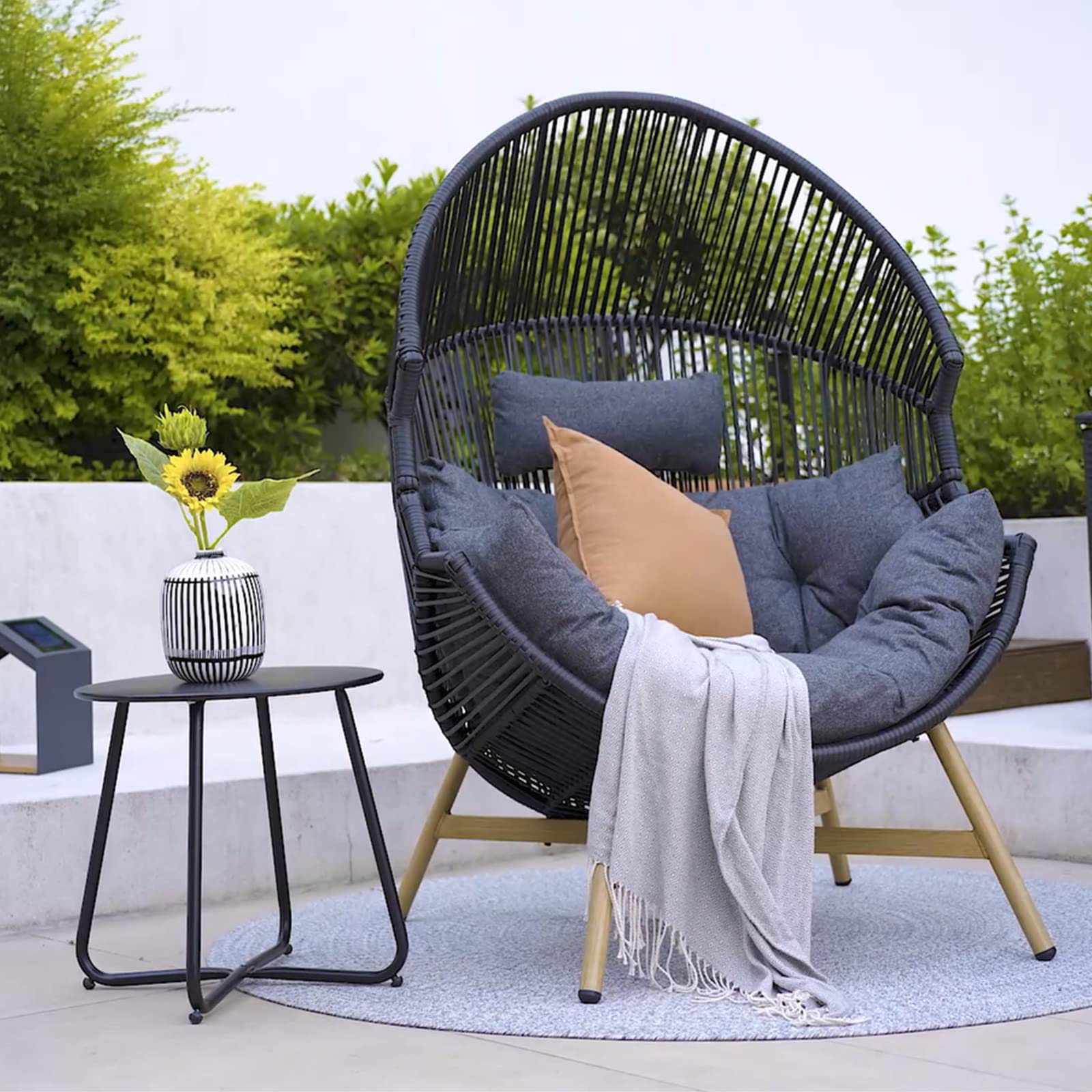 Premium Outdoor Wicker Egg Chair with Thick Olefin Cushion - Patio Hanging Cocoon Chair for Garden, Balcony, Poolside & Indoor Living Room - Perfect for Relaxing, Reading & Sunbathing