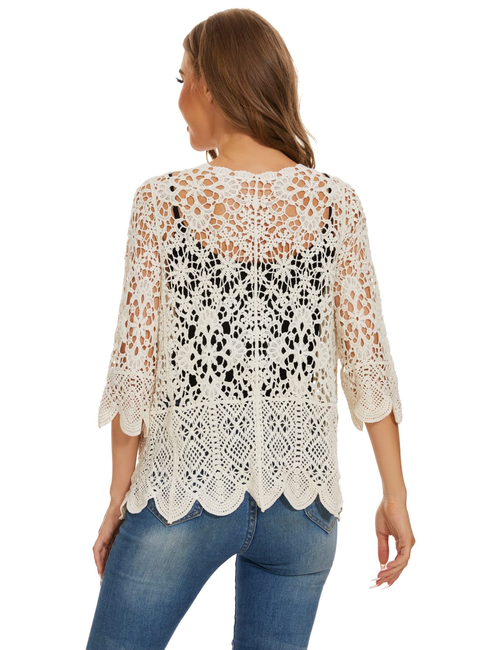 Women's Boho Floral Lace Crochet Cardigan - 3/4 Sleeve Cotton Cover Up for Casual Wear | Perfect for Beach, Spring Outfits & Layering