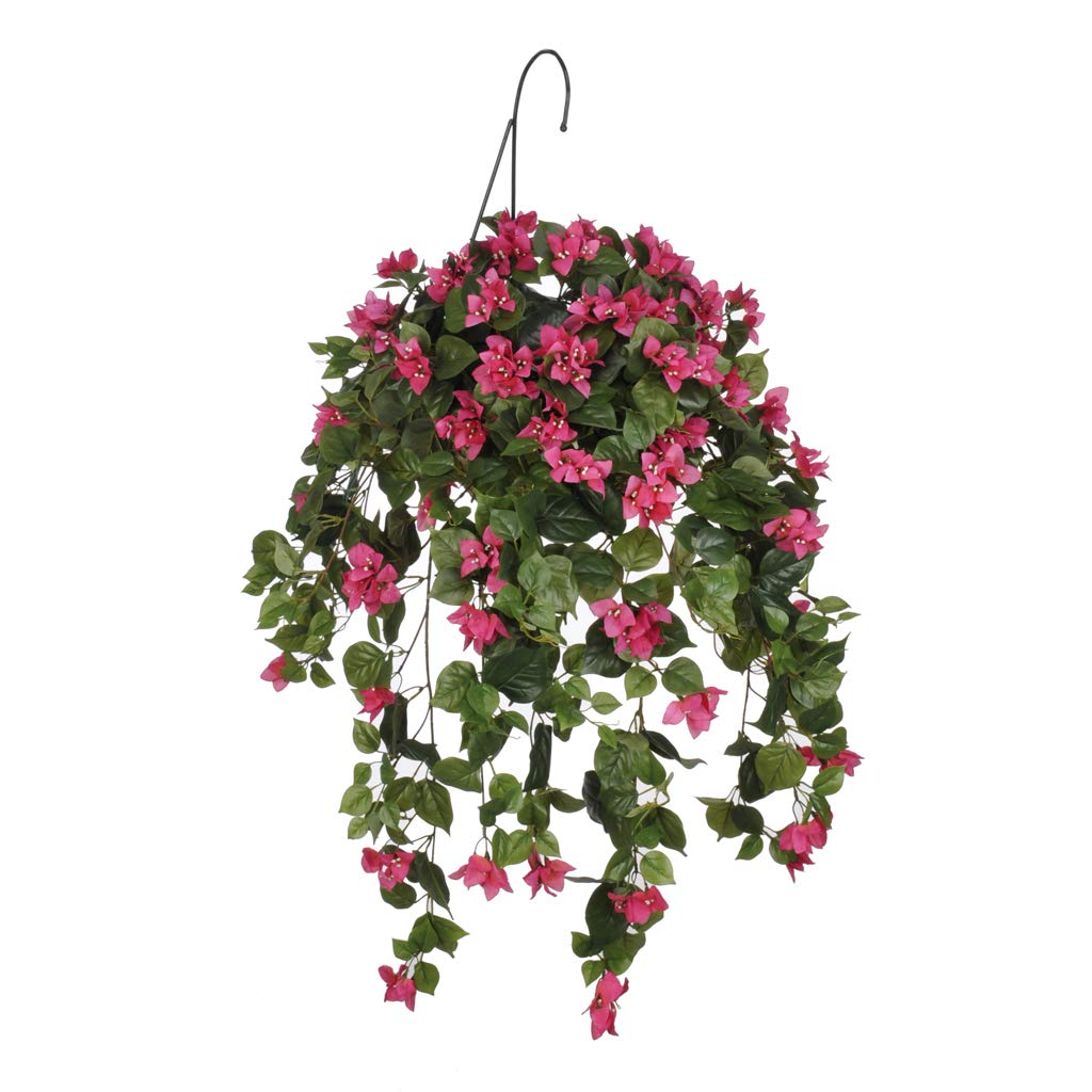 Artificial Pink Bougainvillea Silk Flowers in Natural Water Hyacinth Hanging Basket - Perfect for Patio Decor, Wedding Centerpieces & Home Garden Hanging Decorations