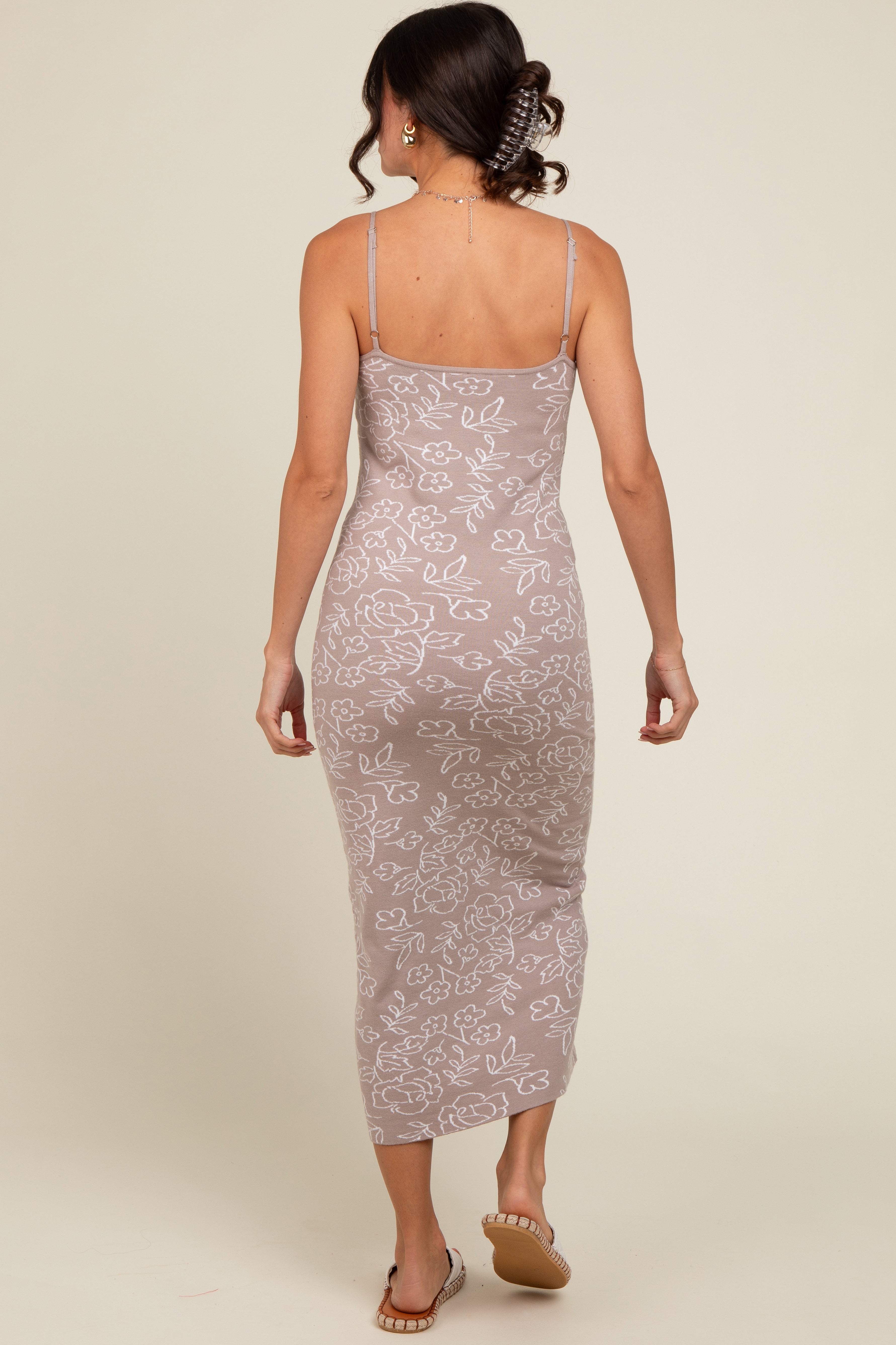 Beige Floral Knit Fitted Midi Dress for Women - Elegant Casual Summer Dress for Brunch, Date Night & Office Wear