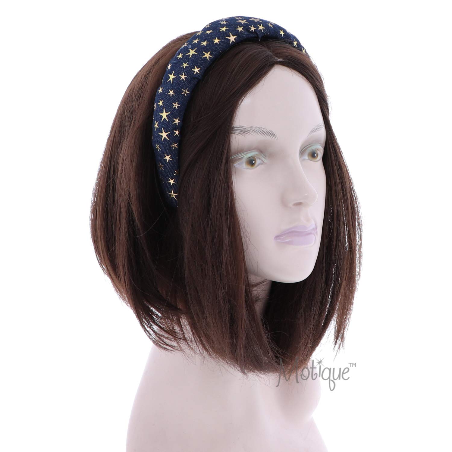 School and Everyday Wide Puffy Headband with Gold Stars - Denim Hair Accessory for Girls, Women, Teens - Perfect for School, Parties, and Fashion Outfits