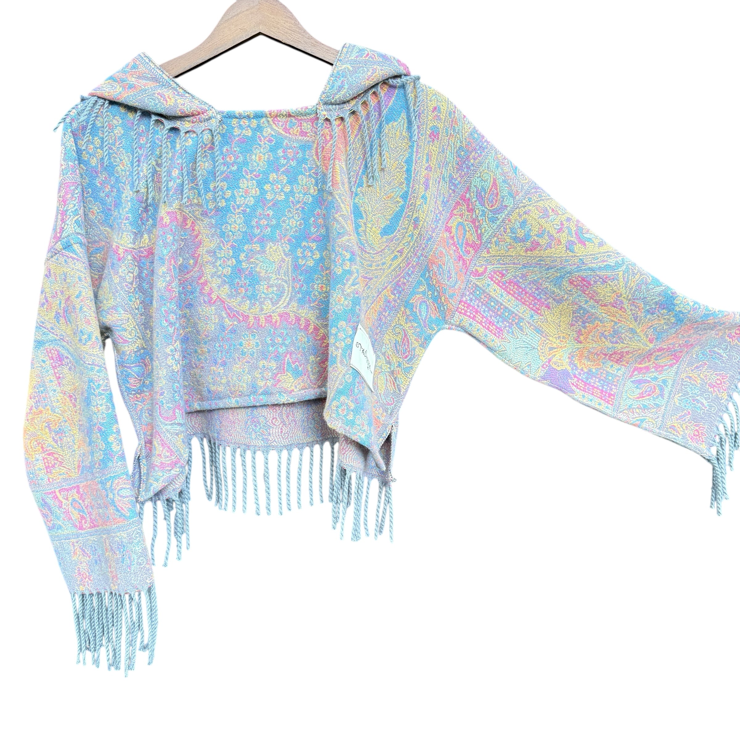 Vintage Blue Plush Pashmina Long Sleeve Crop Top - Soft & Cozy Women's Fashion for Fall/Winter, Perfect for Casual Outings & Date Nights