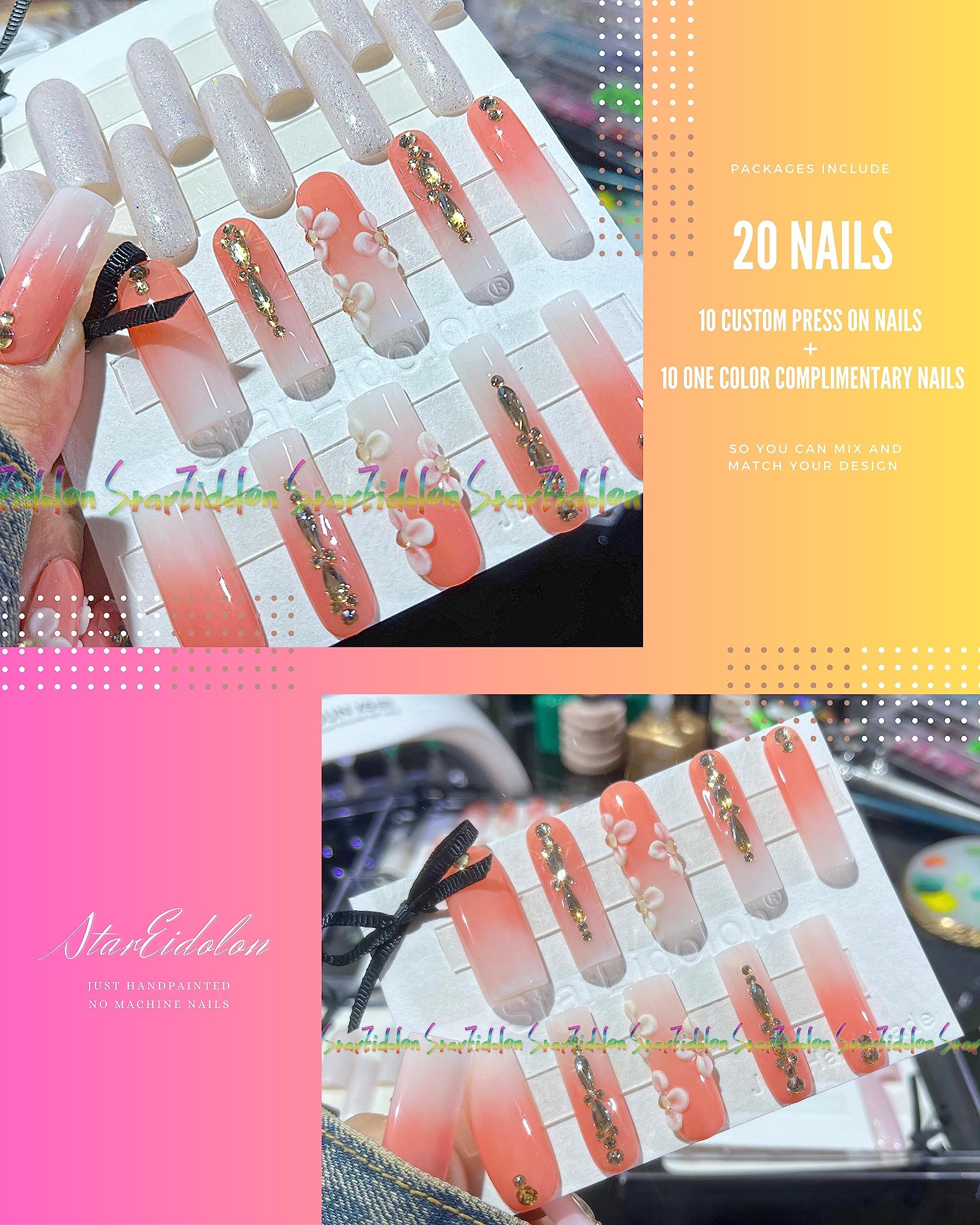 Hand-Painted White False Nails Set - Coffin Press on Nails Kit with Nail Glue | Medium Length Stick on Nails for Women | Perfect for Parties, Weddings, and Daily Wear (X-Small, Style 9)