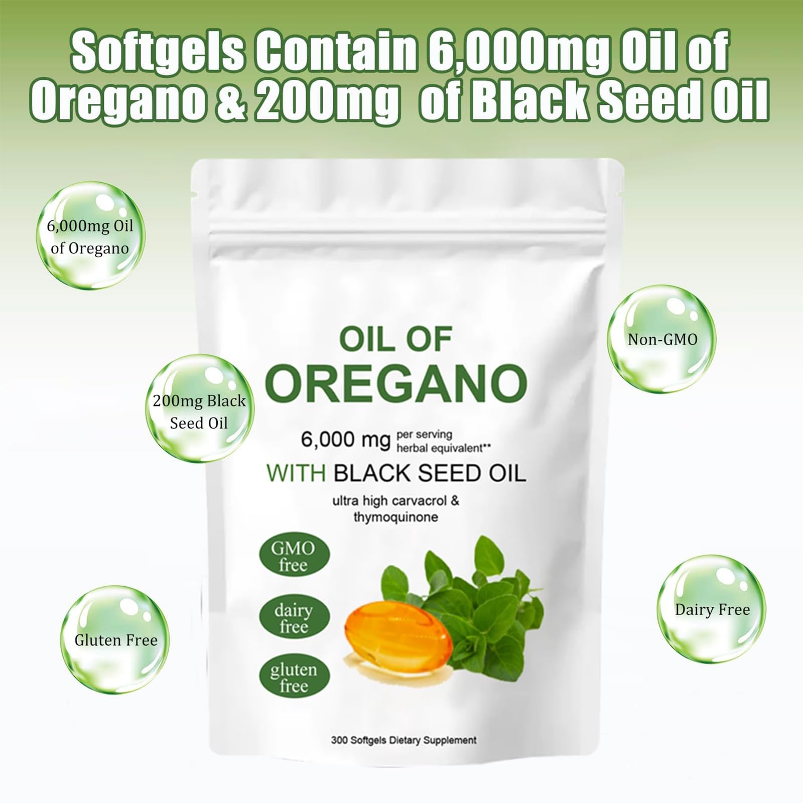 Organic Oregano Oil Softgels - Non-GMO, Gluten-Free Supplement with Black Seed Oil - 300 Capsules for Immune Support & Digestive Health - Pure Oregano Oil Extract for Daily Wellness