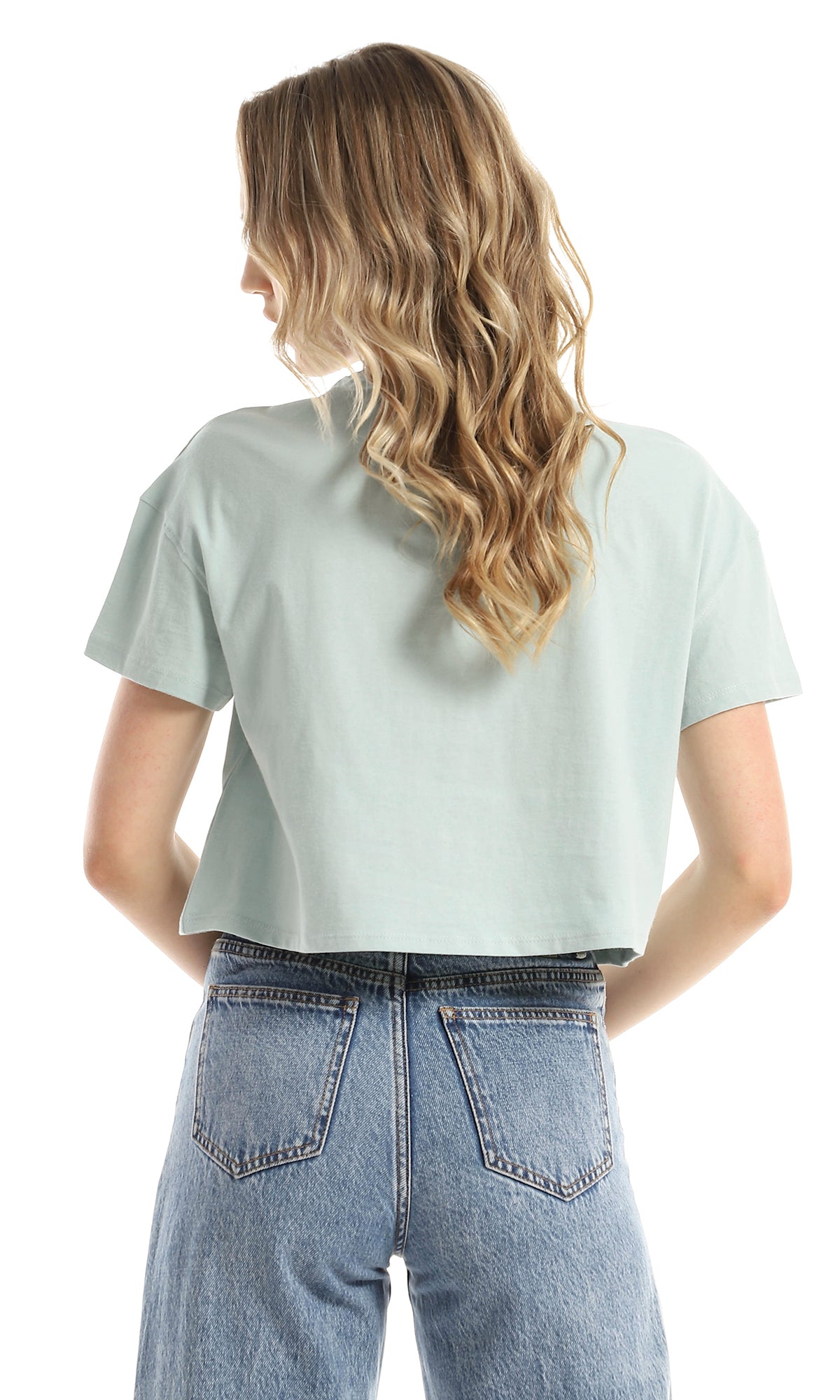 98230 Printed Crew Neck Mint Green Cropped Tee - Women's Fashion T-Shirt for Casual Wear & Summer Outfits