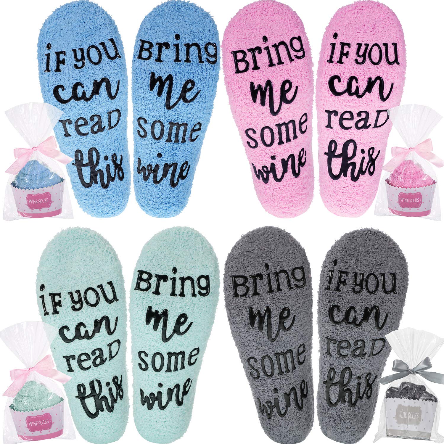 Syhood 4 Pairs Christmas Wine Socks - Novelty Funny Fuzzy Cozy Socks Gift Set with 'If You Can Read This' Design - Perfect for Holiday Gifts, Wine Lovers & Cozy Winter Evenings