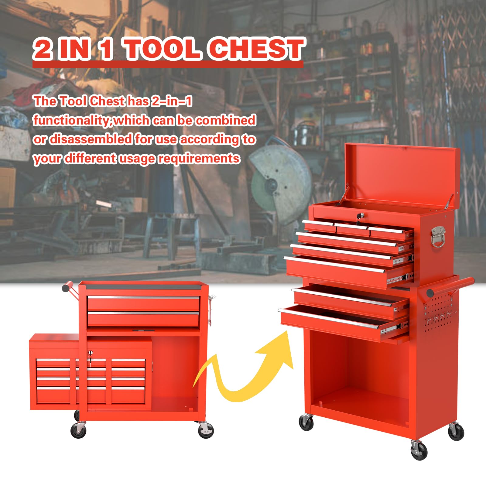8-Drawer Rolling Tool Chest with Wheels - Heavy Duty Mobile Tool Storage Cabinet with Lockable Drawers & Smooth Gliding Casters - Perfect for Garage, Workshop, Auto Repair & DIY Projects (Red)