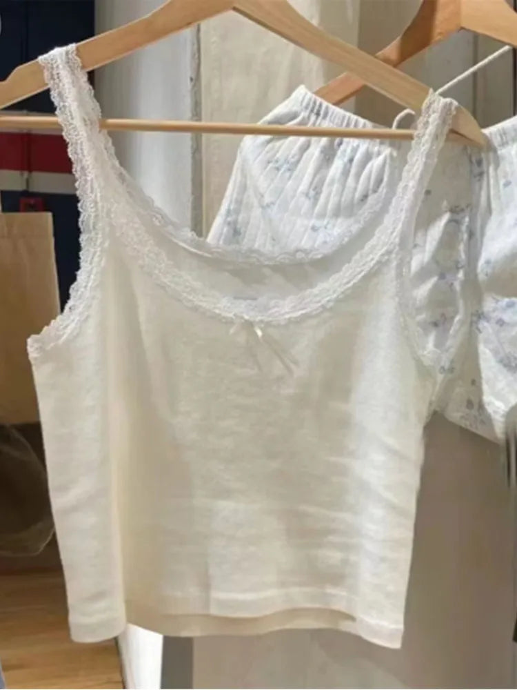 Women's Casual Soft Cotton White Bow Tank Top - Vintage Summer Sleeveless Blouse with Lace Trim & O-Neck Design | Perfect for Beach Outfits, Date Nights & Boho Fashion