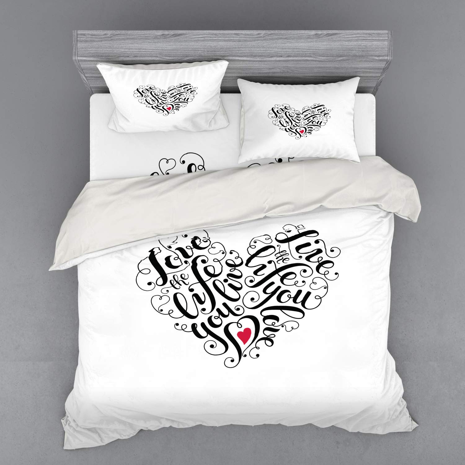 Ambesonne Love Bedding Set 4-Piece - King Size Duvet Cover with Shams & Fitted Sheet, Heart-Shaped Positive Words Design in Dark Coral & White - Perfect for Valentine's Day, Romantic Bedroom Decor & Couples Gift