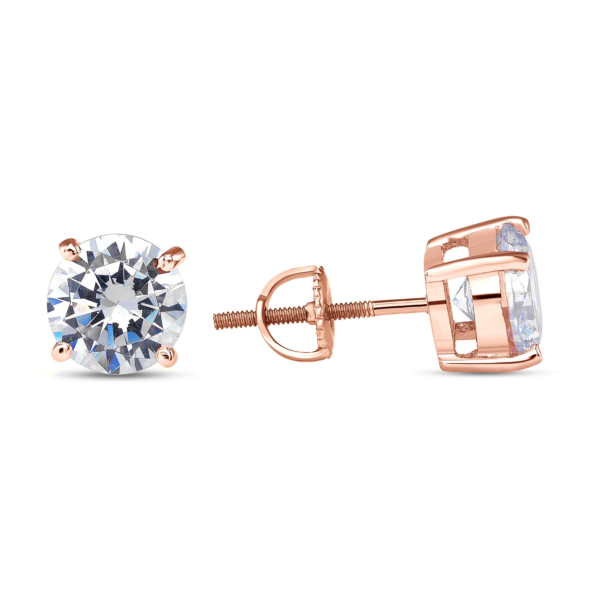 925 Sterling Silver Round Solitaire Cubic Zirconia Screw Back Stud Earrings - Rose Gold Plated for Women, Gift for Her, Anniversary, Wedding, Party & Everyday Wear