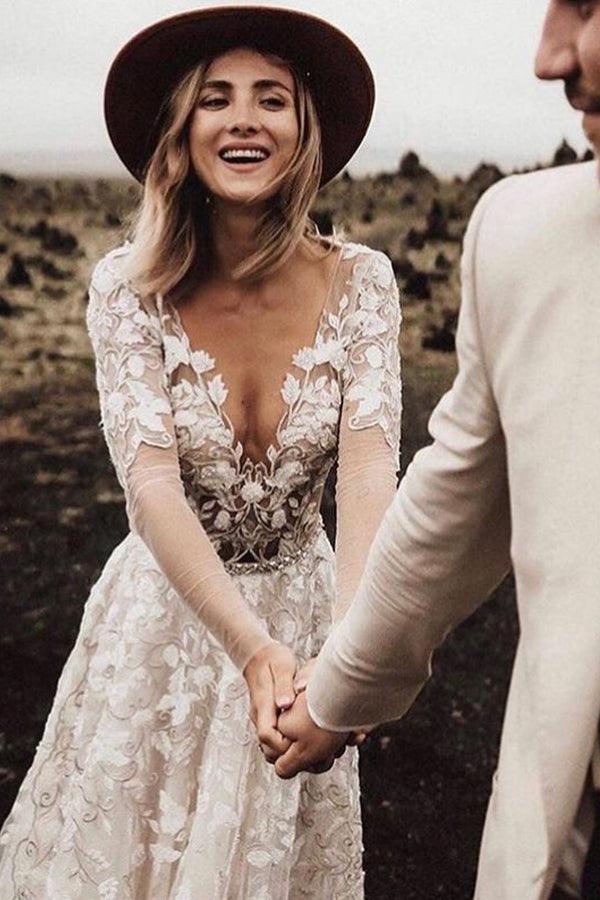 Elegant A-Line Long Sleeve Lace Wedding Dress TN292 - Perfect for Church Ceremonies, Formal Weddings & Vintage-Inspired Bridal Looks
