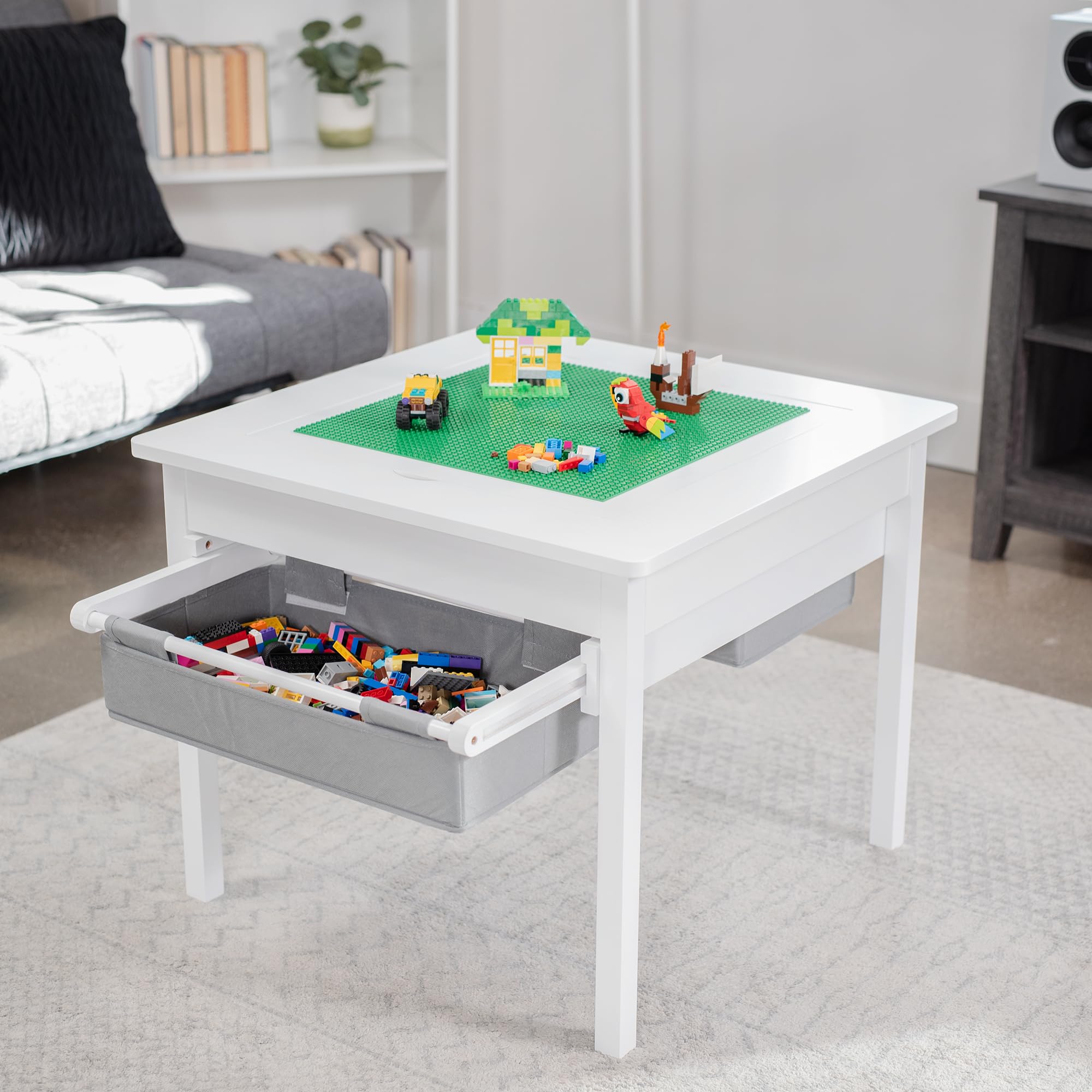 2-in-1 Kids Construction Play Table for Lego & Building Bricks - Reversible Table Top with Interlocking Surface, Storage Drawers, White (LF-LTB01) - Perfect for Creative Play, STEM Learning & Toddler Playroom Organization