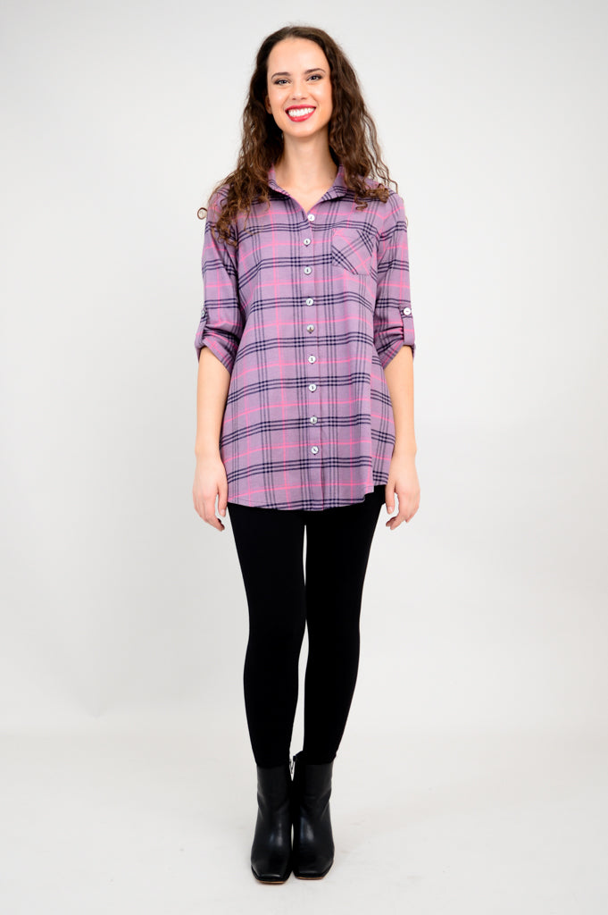 Celine Women's Cotton Flannel Tunic Top - Soft Plum Plaid Long Sleeve Shirt for Casual Wear & Fall Layering