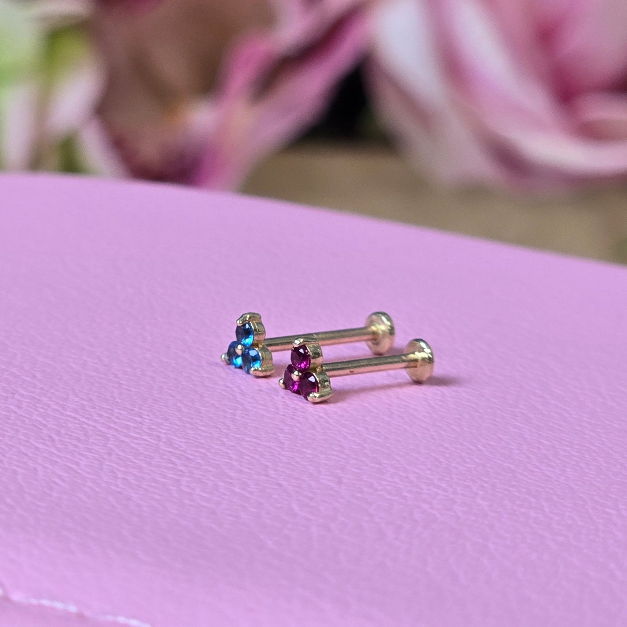 14K Yellow Gold Pink Ruby Trinity Cluster Stud Earrings for Women - Elegant Flat Back Design for Daily Wear, Parties & Gifts