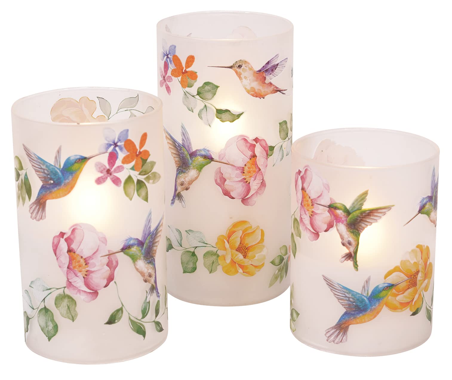 Flameless LED Glass Pillar Candles Set of 3 - 6 Inch Hummingbird & Floral Design by Mark Feldstein - Battery Operated Decorative Candles for Home Decor, Wedding Centerpieces & Romantic Ambiance