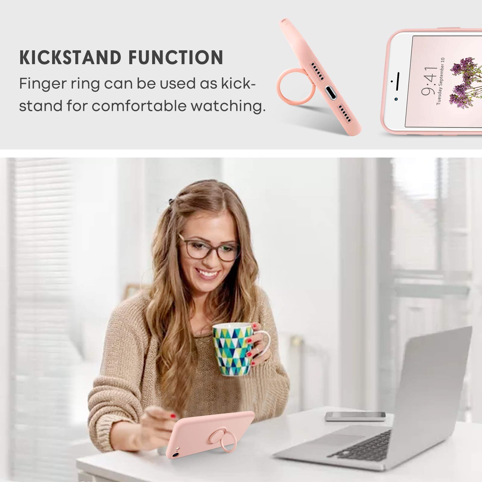 Premium Slim Silicone iPhone SE 2022/2020 & iPhone 8/7 Case - Shockproof Soft Rubber Hybrid Cover with 360° Ring Kickstand (Pink) - Perfect for Women's Daily Protection & Hands-Free Viewing
