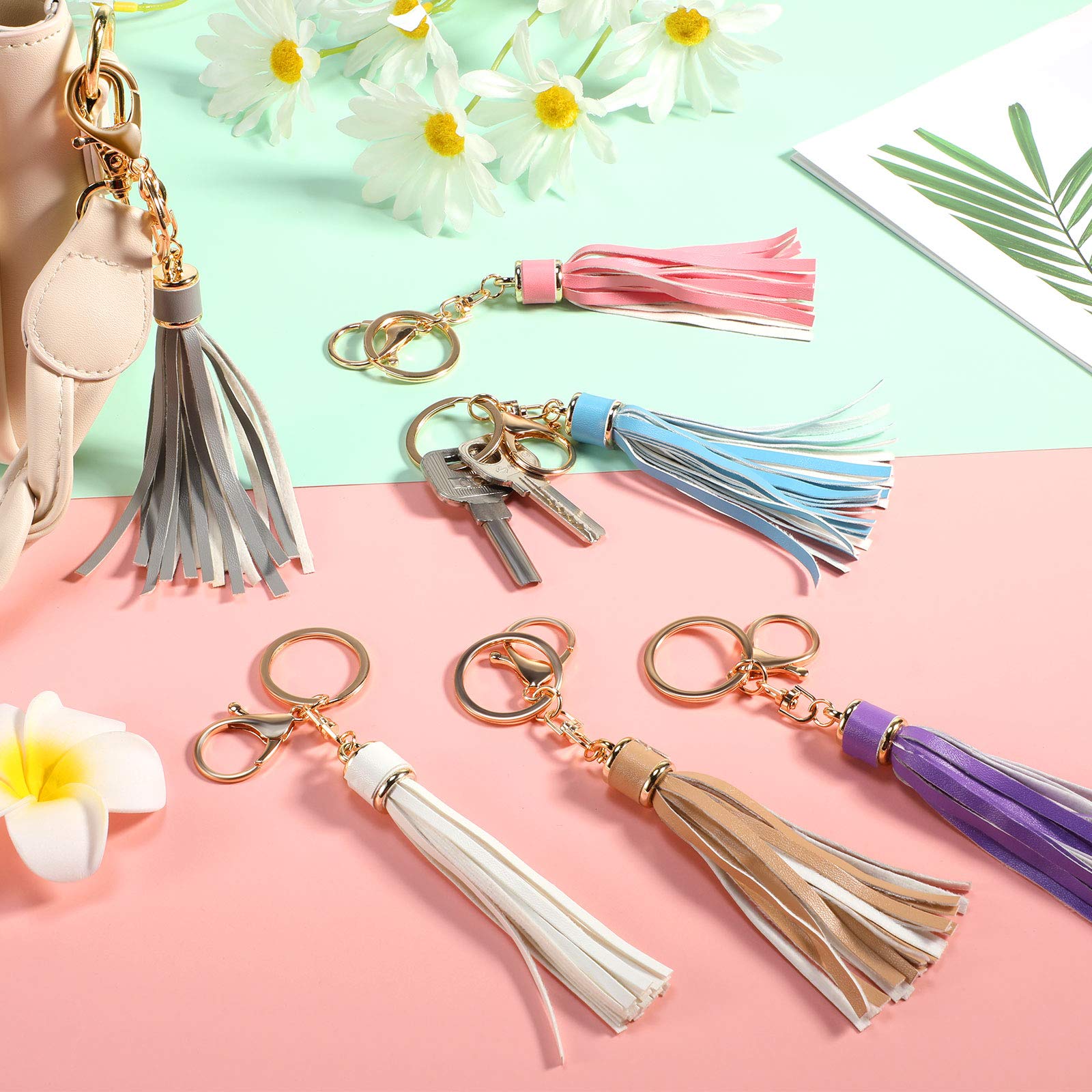Hicarer Women's PU Leather Tassel Keychain - Circle Key Ring with Lobster Clasp, Bulk Lanyard Key Holder for Purse, Bag & Key Organization (Set of 12) - Perfect for Gifts, Party Favors & Everyday Use