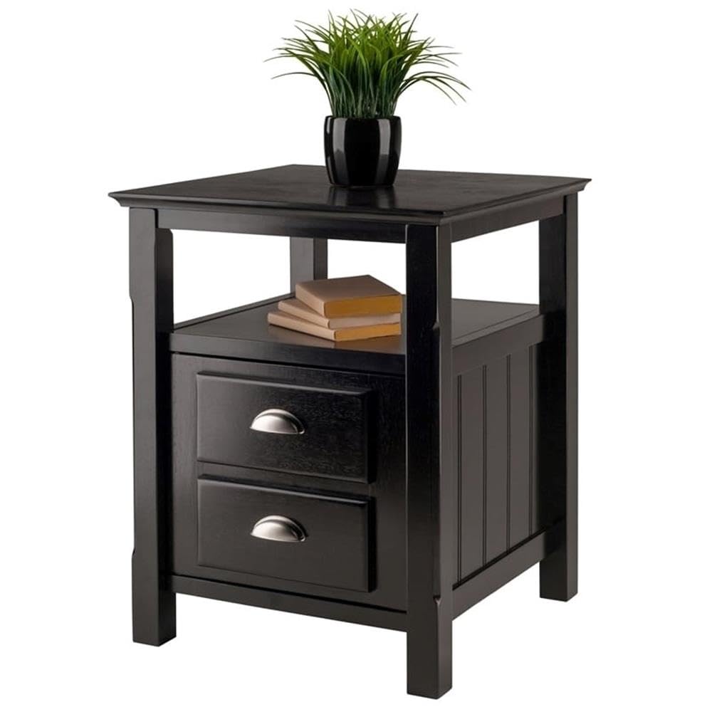 Pemberly Row Transitional Solid Wood Nightstand with 2 Drawers in Black - Stylish Bedside Table for Bedroom Furniture & Home Decor