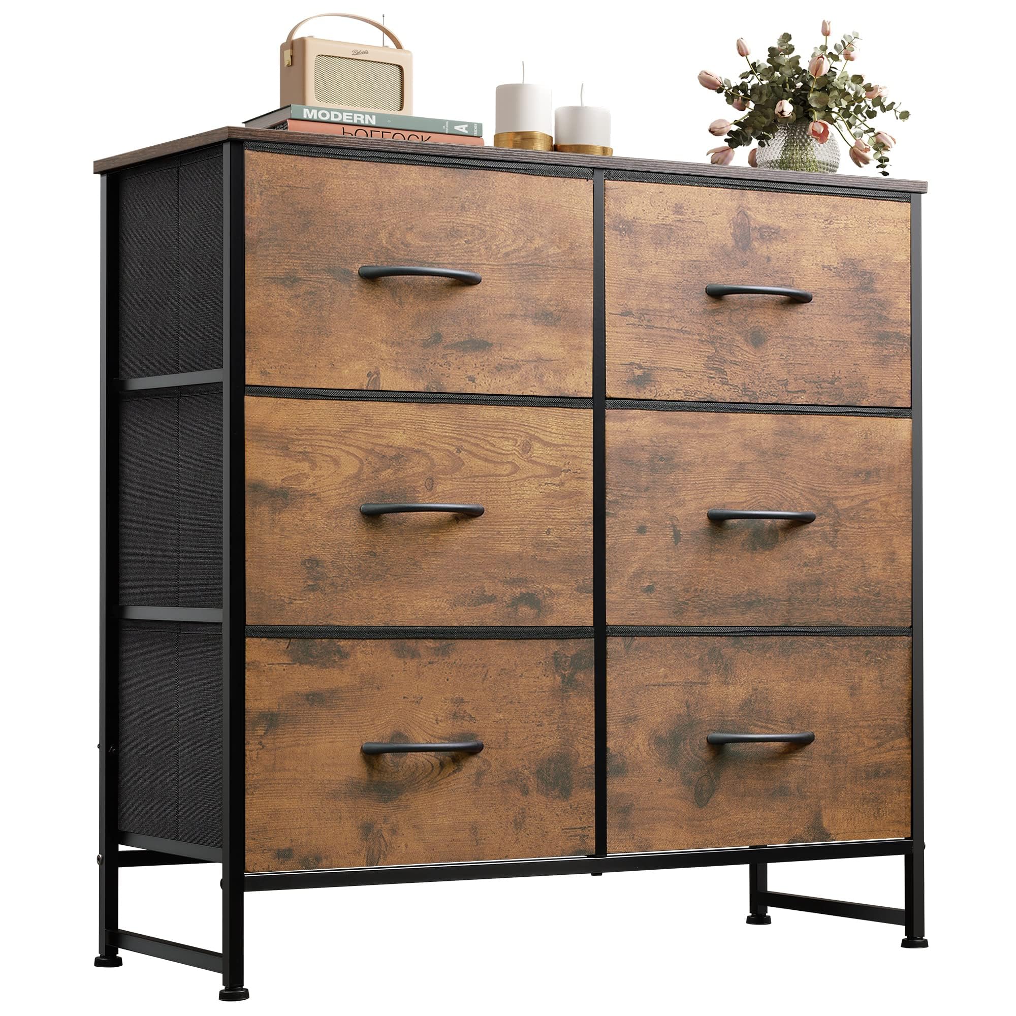 WLIVE 6-Drawer Fabric Dresser for Bedroom - Rustic Brown Wood Grain Storage Tower with Removable Fabric Bins - Perfect for Closet Organization, Living Room Storage & Hallway Decor