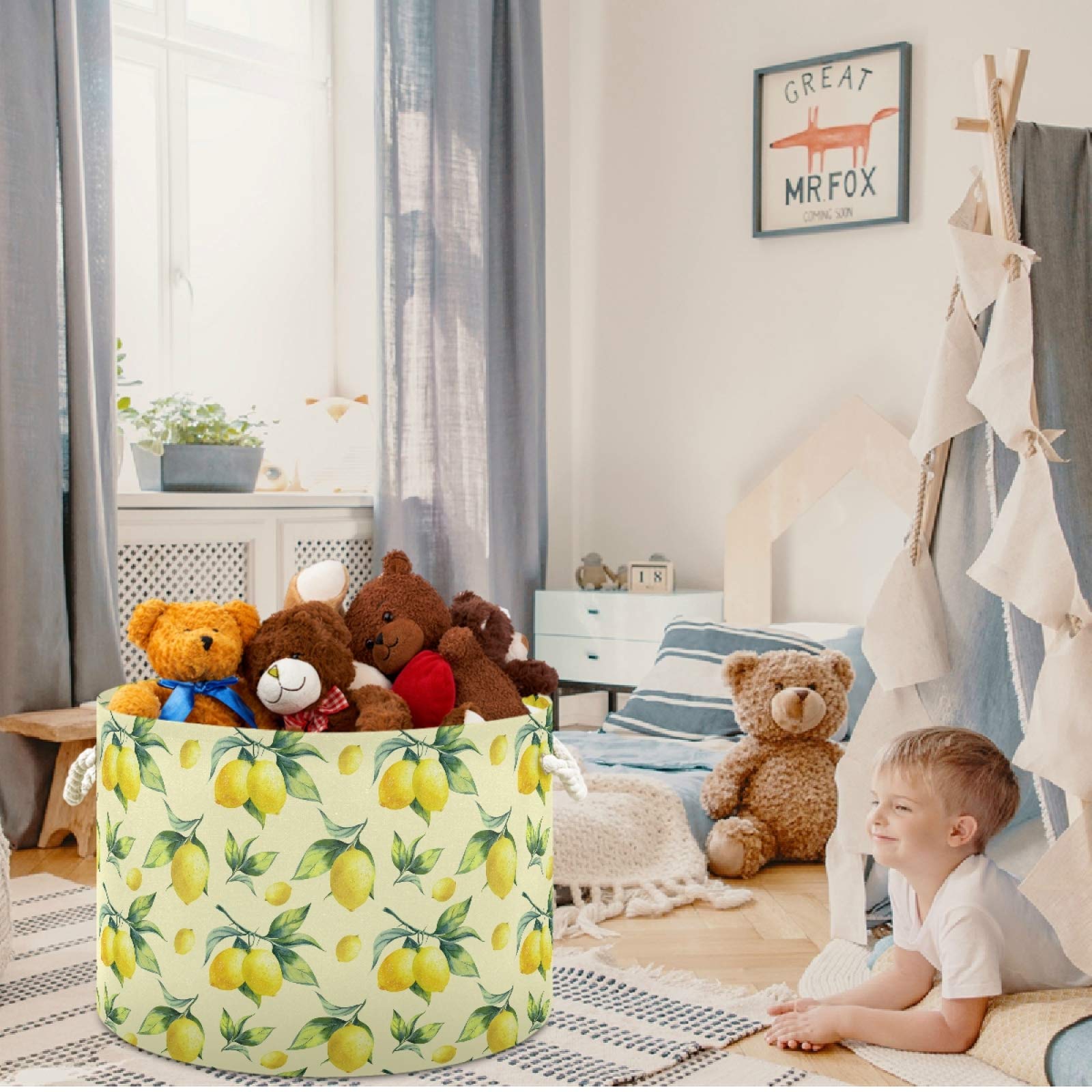 Visesunny Collapsible Storage Basket - Lemon Yellow Pattern Nursery Hamper for Clothes, Toys & Laundry | Foldable Organizer Bin for Kids Room, Playroom, Bathroom, Living Room, Dorm & Office | Perfect for Home Organization & Space Saving