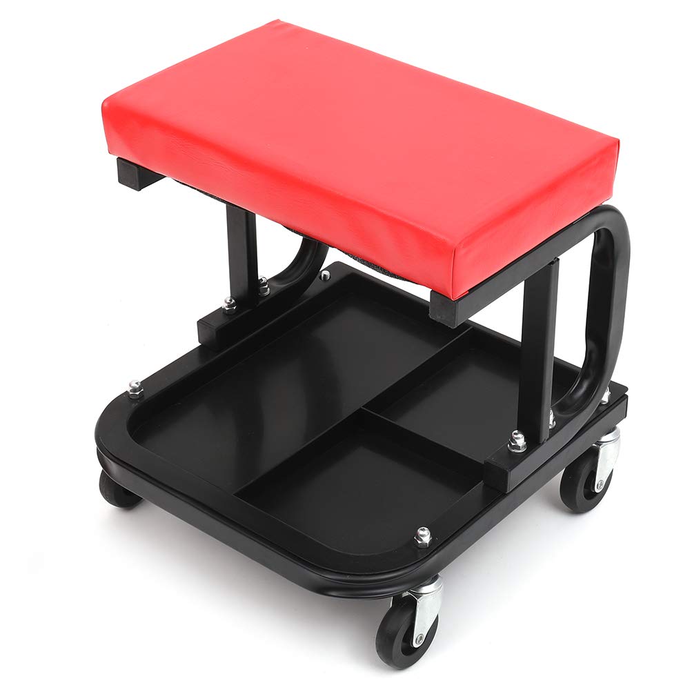 SCITOO 4-Wheel Mechanic Rolling Creeper with Padded Headrest & Tool Trays - Heavy Duty Garage Stool for Car Repair, Oil Change & Auto Maintenance - Red (Perfect for DIY Mechanics & Professional Technicians)