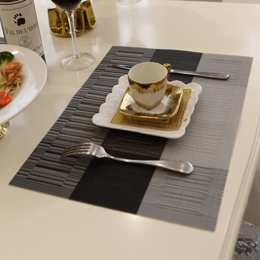 Premium PVC Placemats Set of 6 - Heat-Resistant Woven Vinyl Table Mats for Dining, Kitchen & Office - Stylish Grey & Black Home Decor Accessories - Perfect for Everyday Meals, Dinner Parties & Holiday Gatherings