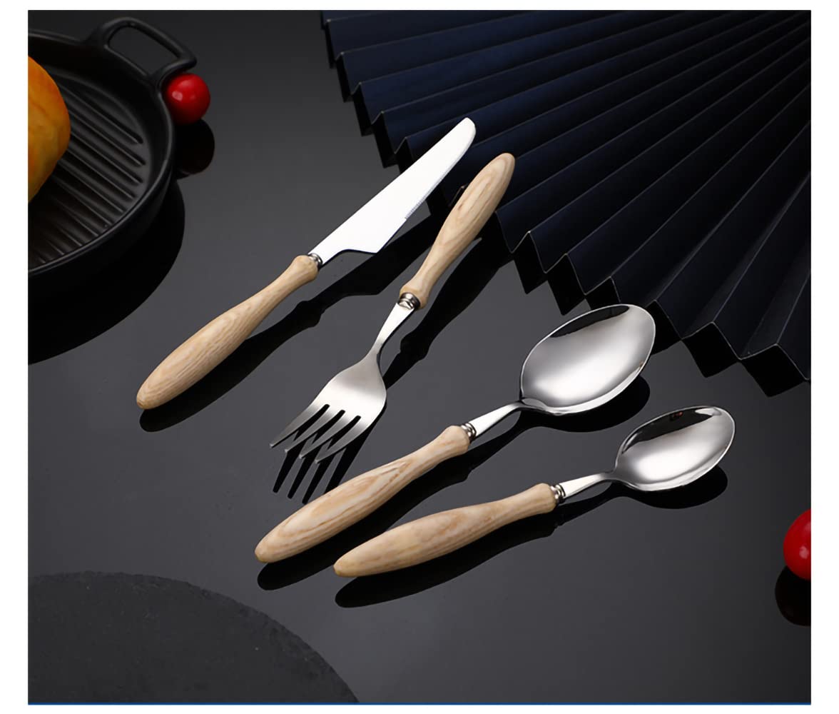 32-Piece Stainless Steel Flatware Set with Wooden Handle - Mirror Polished Silverware Utensils (Forks, Spoons, Knives) for Home, Restaurant & Daily Use - Perfect for Family Dinners, Parties & Outdoor Picnics