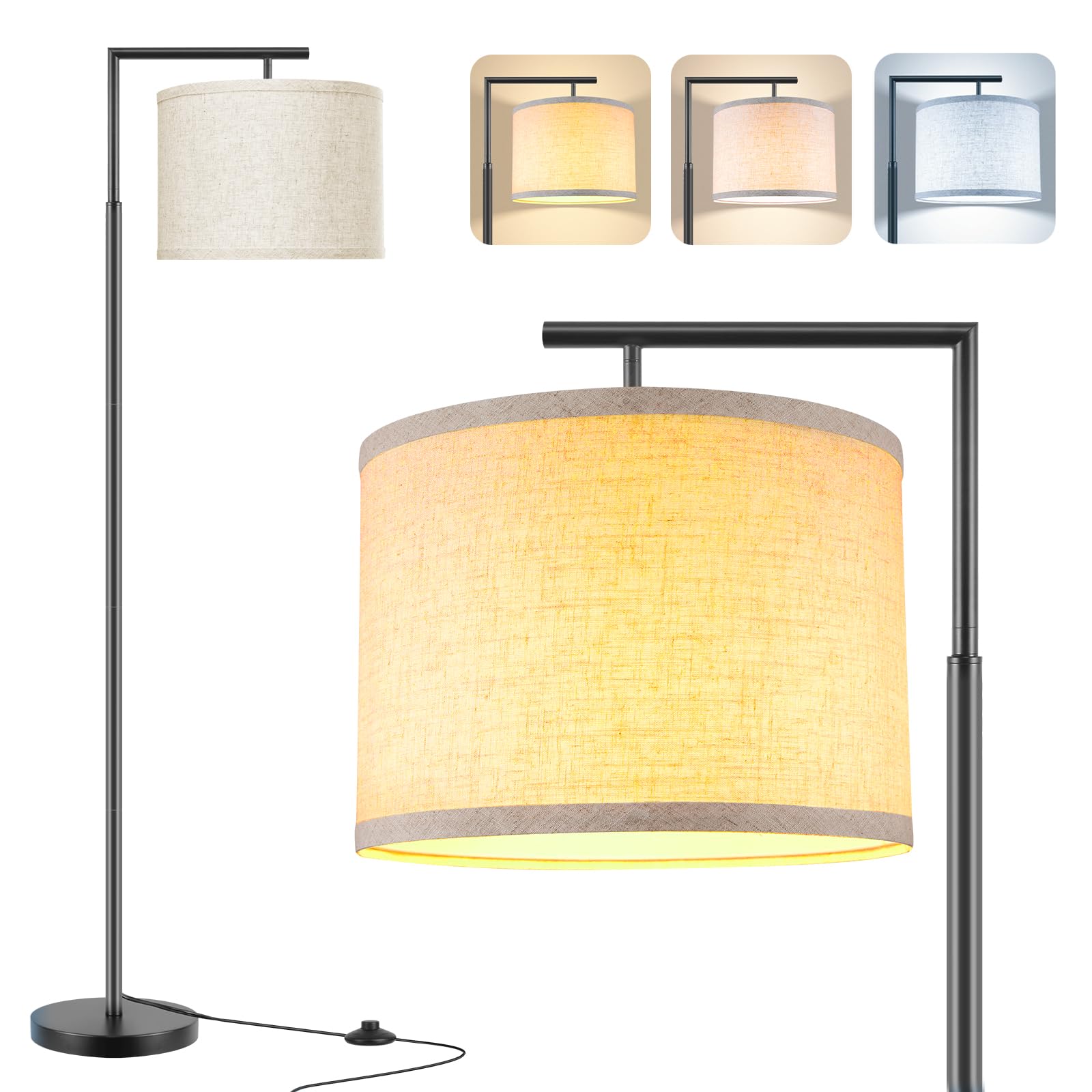 ROTTOGOON Modern Floor Lamp with 3-Color Temperature 9W LED Bulb - Adjustable Standing Lamp with Linen Beige Shade & Foot Switch - Tall Pole Light for Living Room, Bedroom, Office, Study, Nursery - Perfect for Reading, Working & Ambient Lighting (Black)