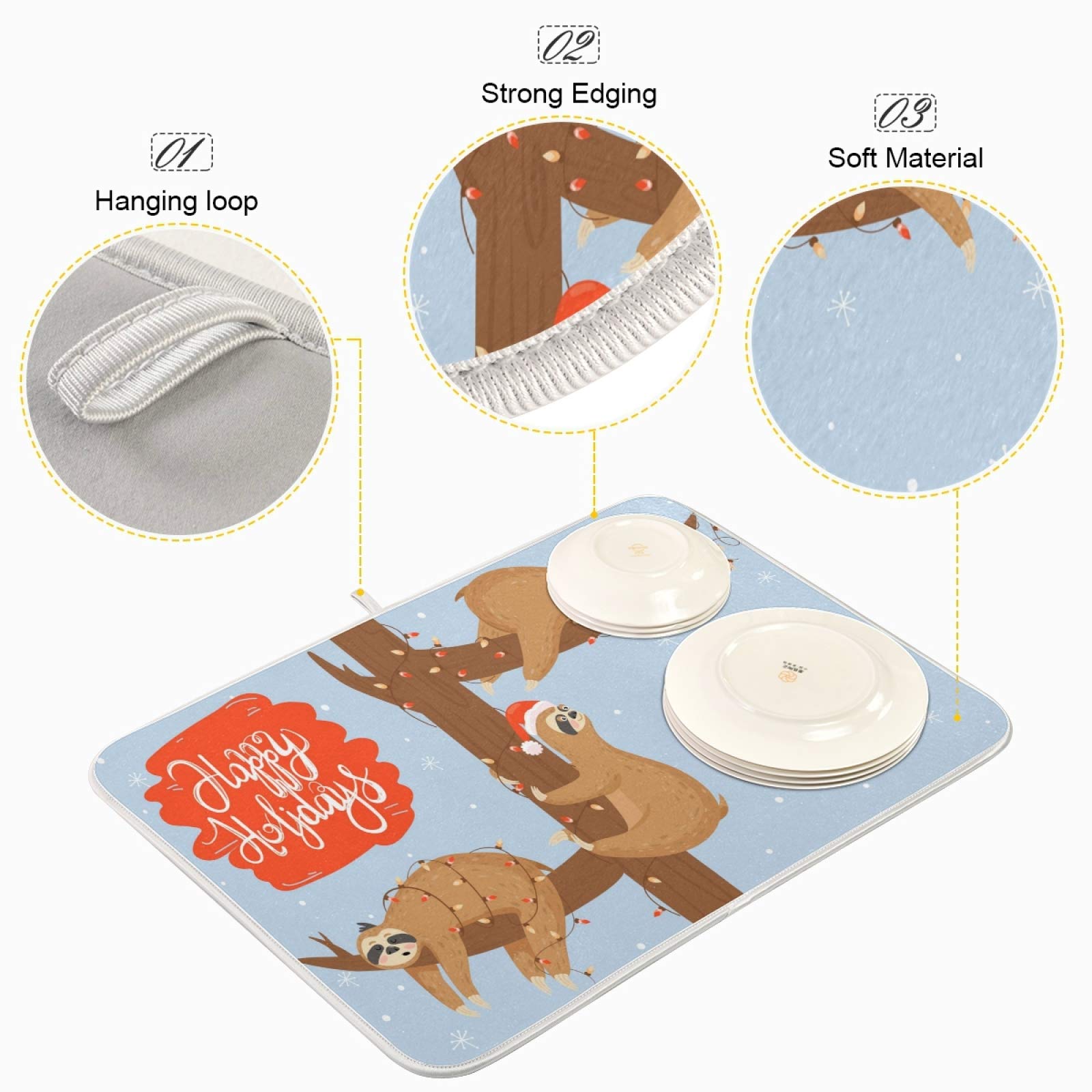 Sloth-Themed Christmas Kitchen Dish Drying Mat - Super Absorbent 18x24 Inch Countertop Drainer Pad for Holiday Decor & Easy Cleaning | Perfect for Winter Kitchen Decor, Gift Giving & Dish Drying