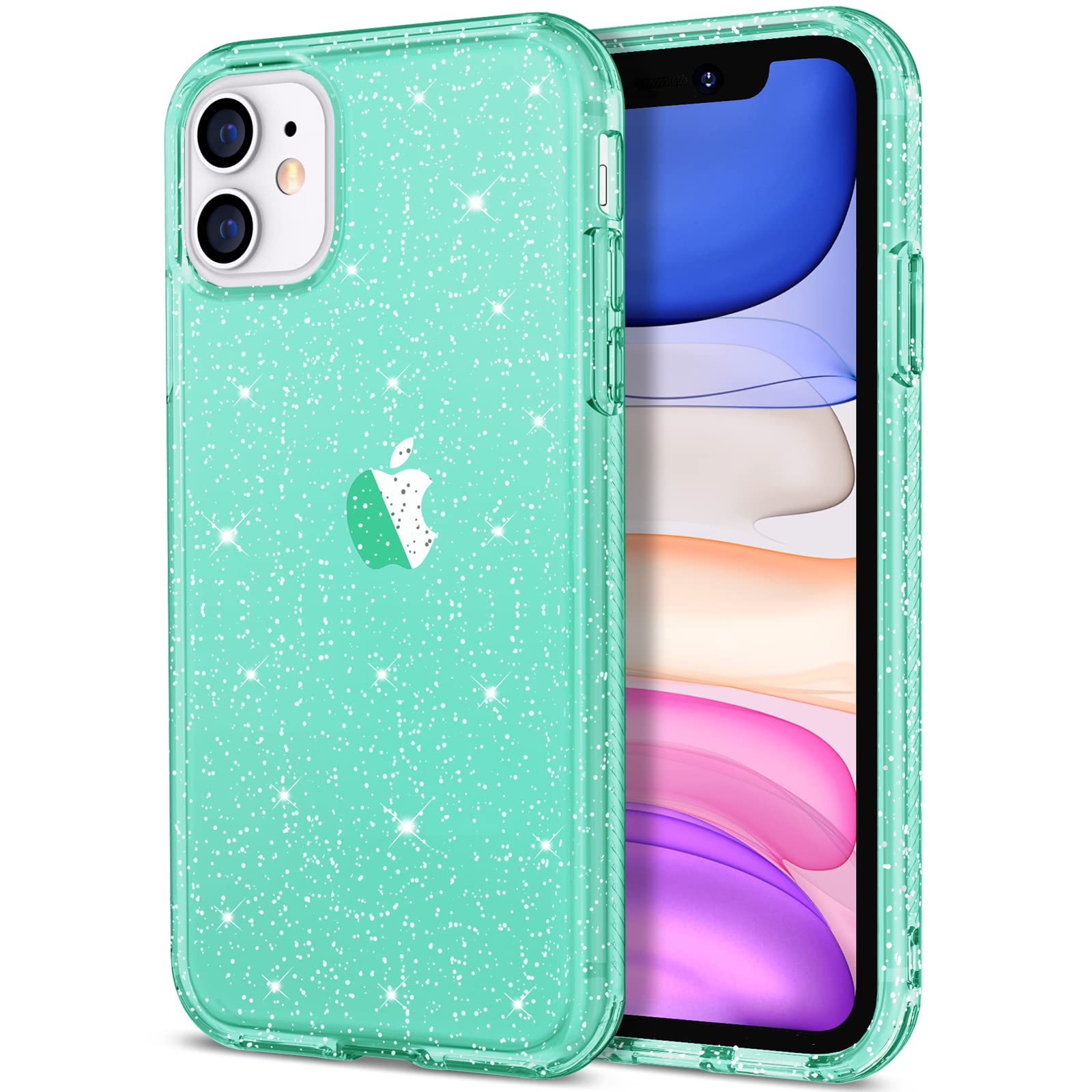 Hython Glitter Case for iPhone 11 - Sparkly Clear Bling Shockproof Protective Phone Cover | Cute Anti-Scratch Slim TPU Case for Women & Girls (Green Glitter) | Perfect for Everyday Use, Parties & Gifts