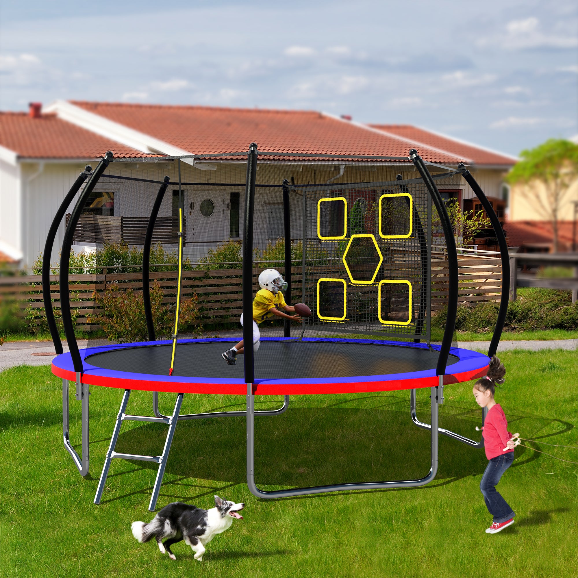 14FT Trampoline for Kids and Adults - ASTM Approved Outdoor Trampoline with Safety Enclosure Net & Ladder - Heavy Duty Round Trampoline for Backyard, Garden, and Park Fun - Perfect for Family Exercise, Birthday Parties, and Outdoor Recreation