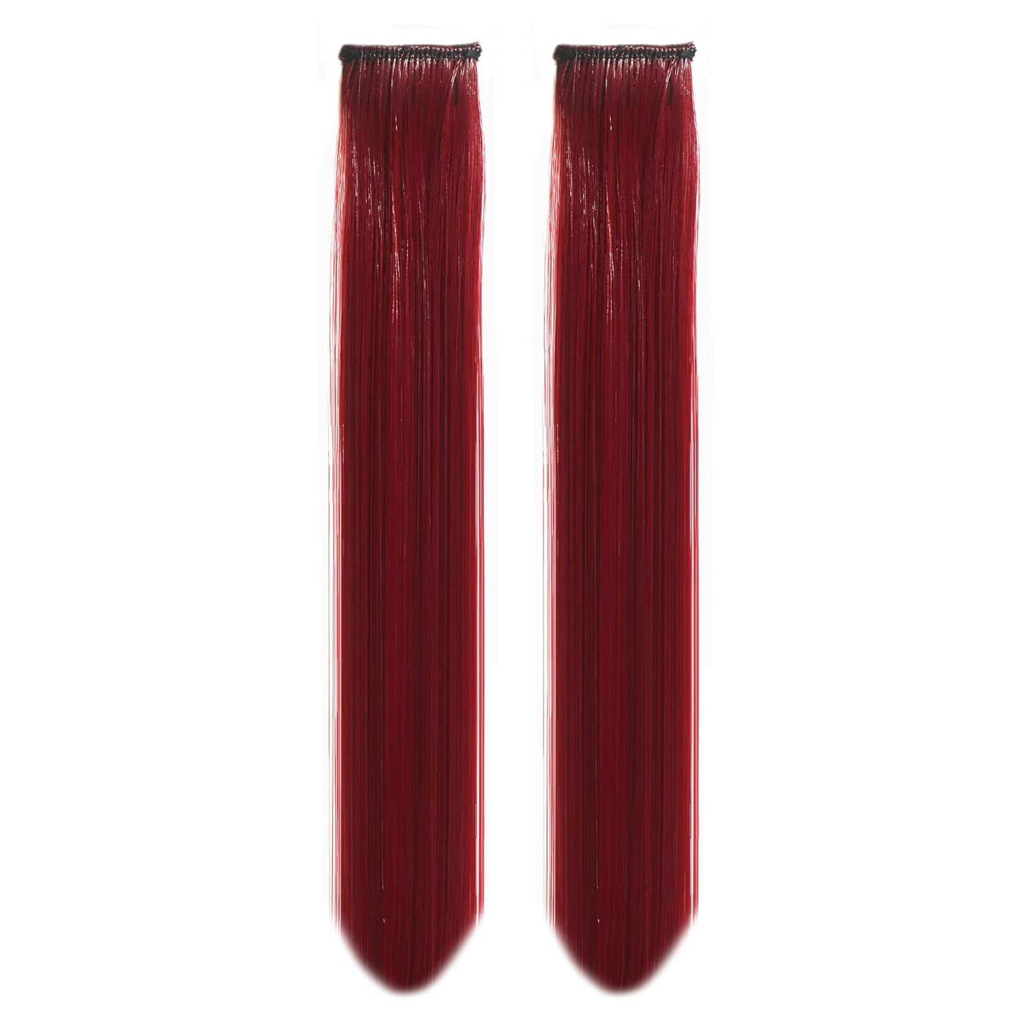 20-Inch Maroon Synthetic Hair Streaks Clip-In Extensions for Instant Highlights – Pack of 2 | Straight Hair Extensions for Women & Girls | Perfect for Parties, Weddings, Cosplay & Everyday Styling