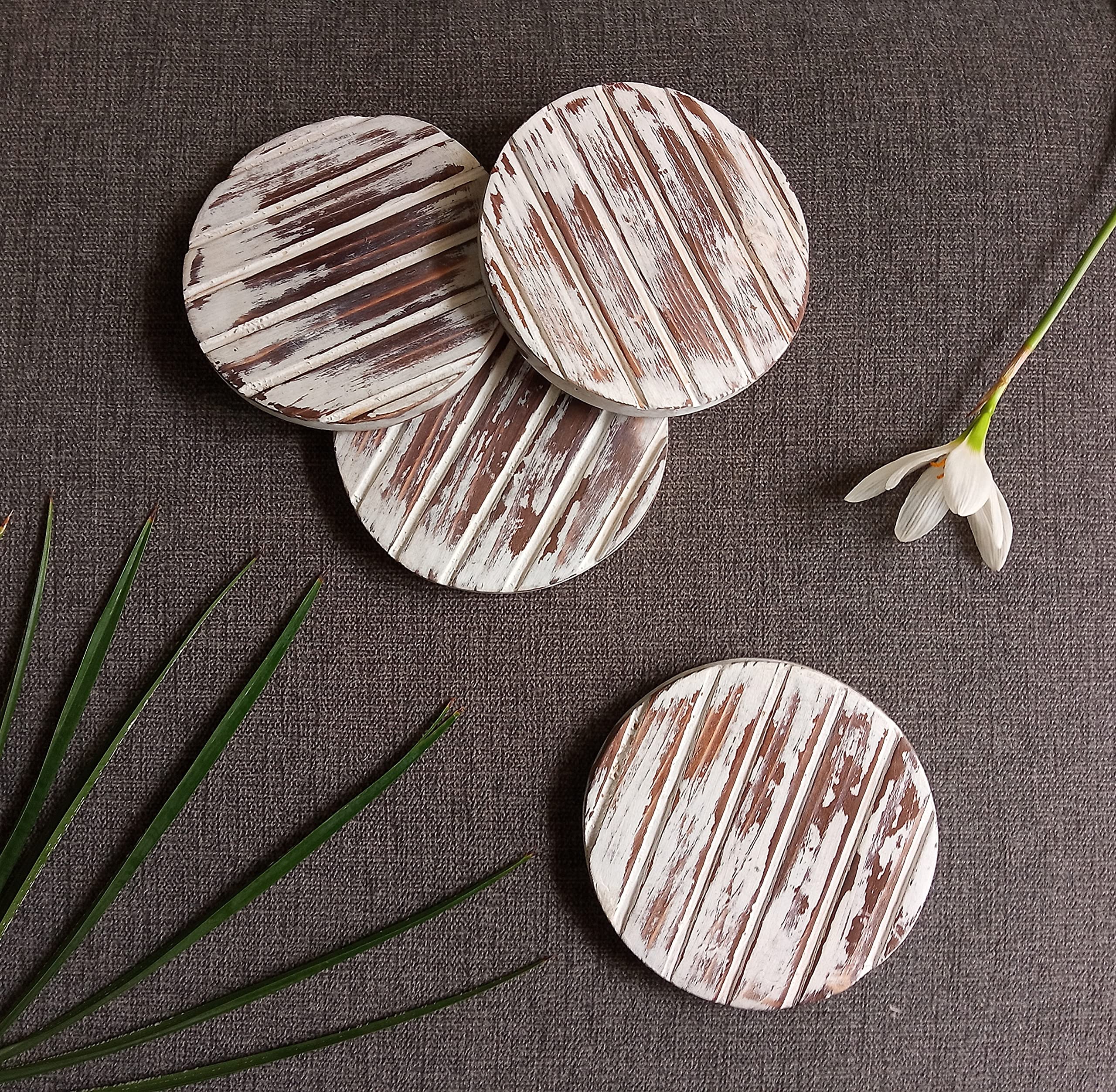 Rustic Wooden Coasters Set of 4 - Farmhouse Style Drink Coasters for Coffee Table, Outdoor Patio & Home Decor | Boho Western Vintage Design | Perfect for Thanksgiving, Christmas & Everyday Use - 4 Inch White Coasters
