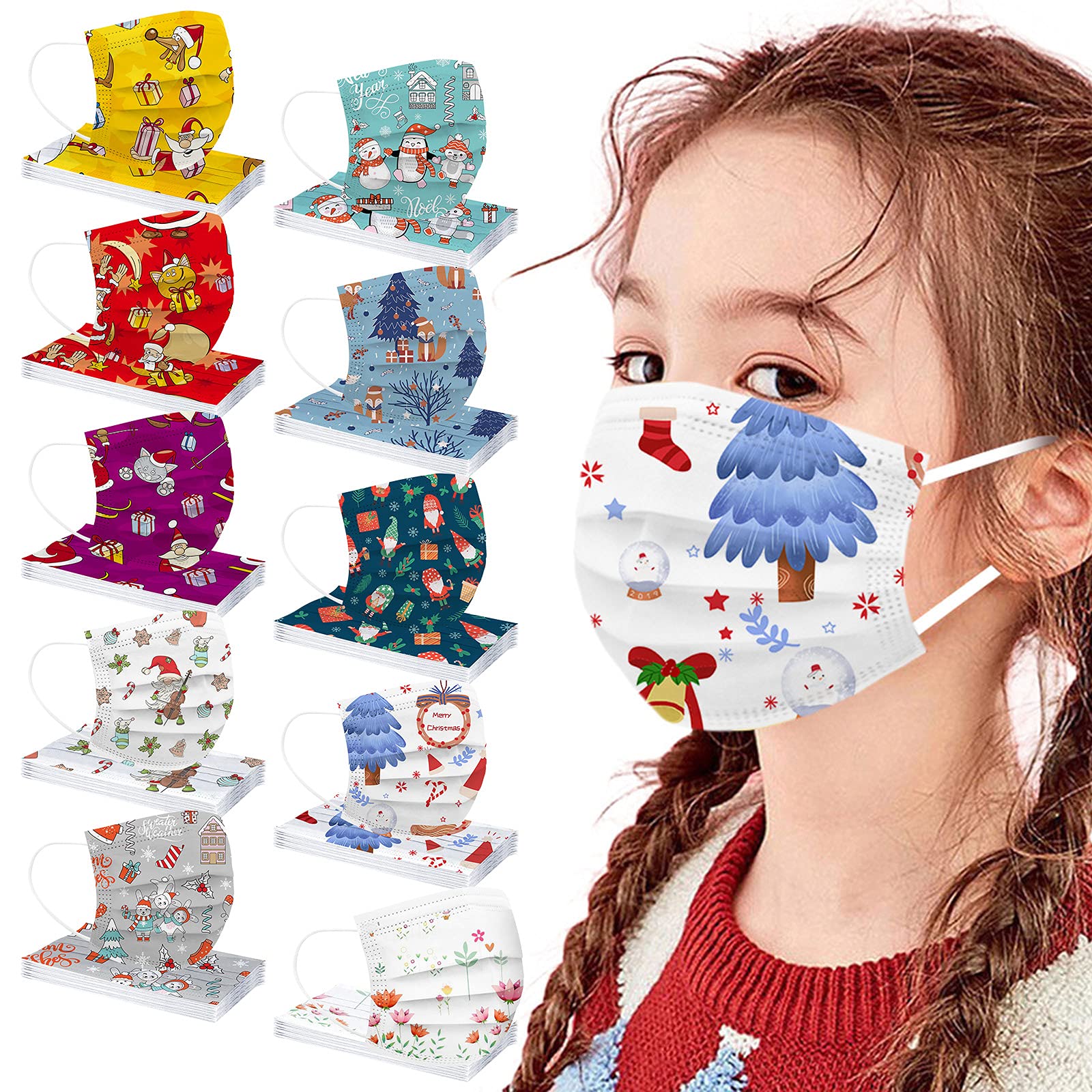 100Pcs Christmas Kids Disposable Face Masks - Assorted Colors, Cartoon Holiday Designs with Nose Wire & Elastic Earloop | 3-Ply Breathable Face Covering for Boys & Girls | Perfect for School, Parties & Holiday Gatherings