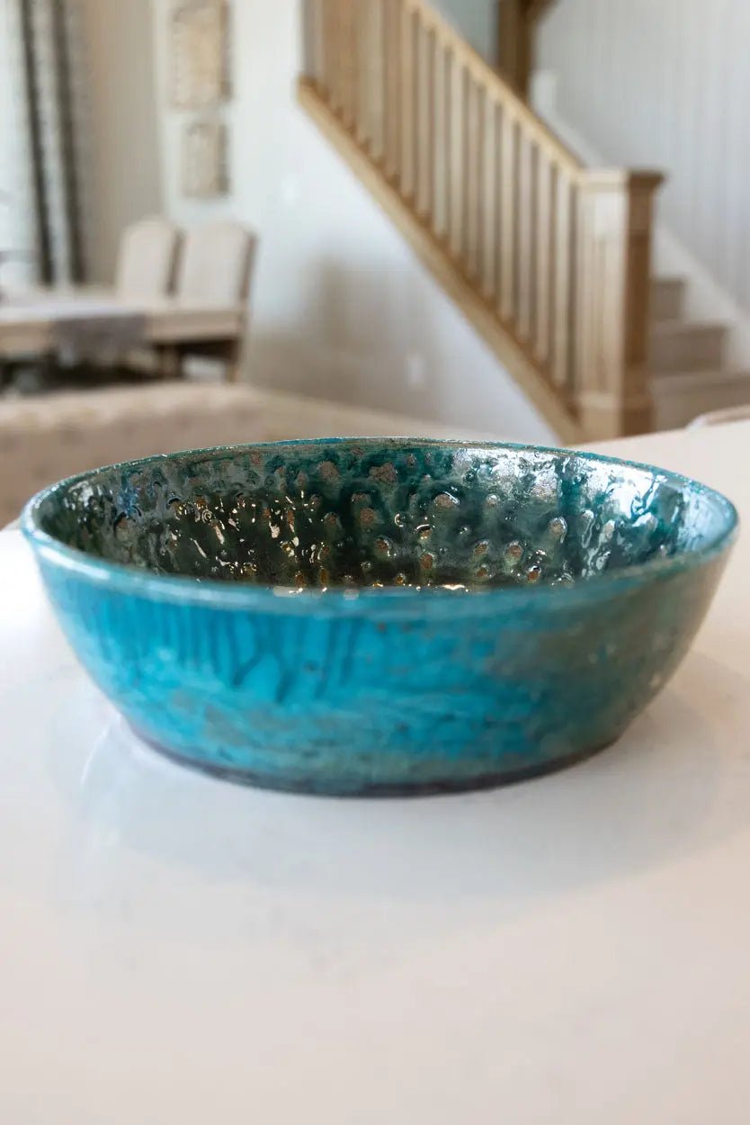 Handmade Large Raku Ceramic Bowl - Turquoise & Gold Shimmer Glaze - Japanese Inspired Pottery for Home Decor, Zen Meditation & Unique Gift Ideas