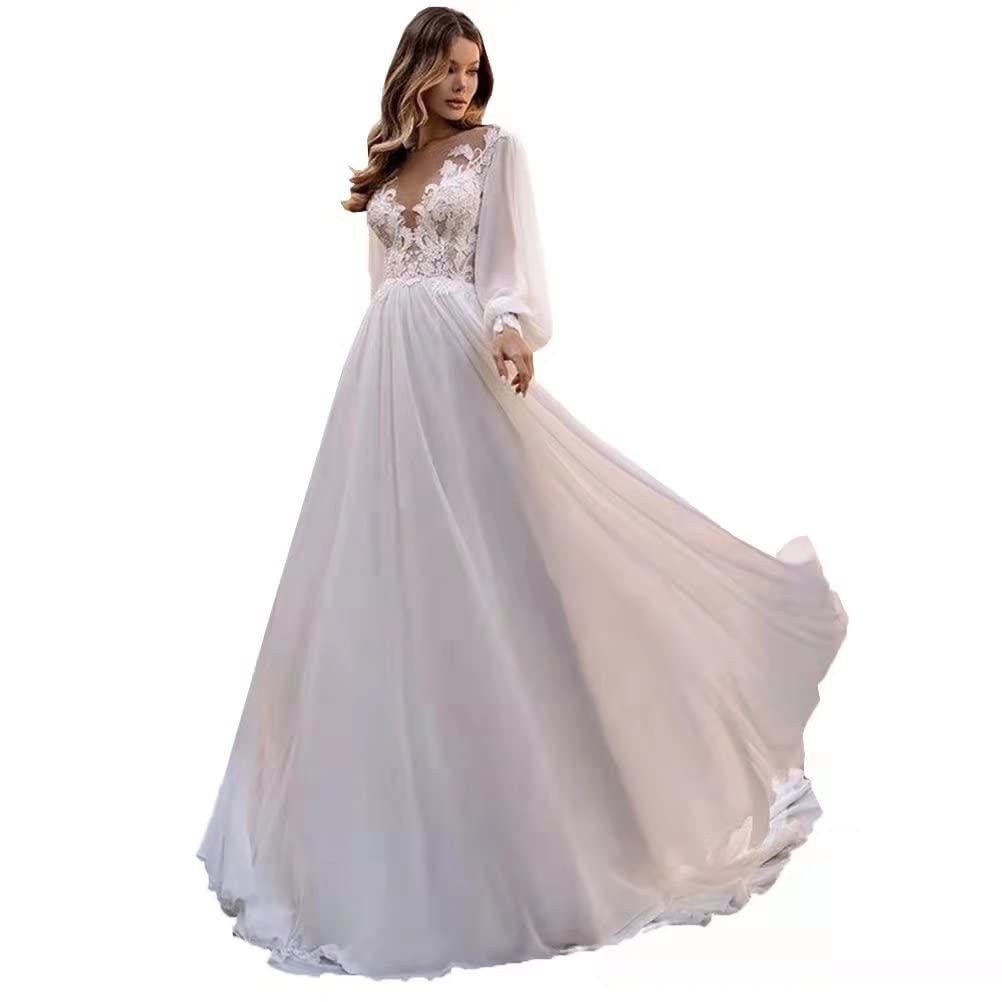 Vintage Long Sleeve Lace Wedding Dress A-Line Sheer Neck Illusion Back Bridal Gown for Women - Perfect for Romantic Church Ceremonies & Outdoor Garden Weddings