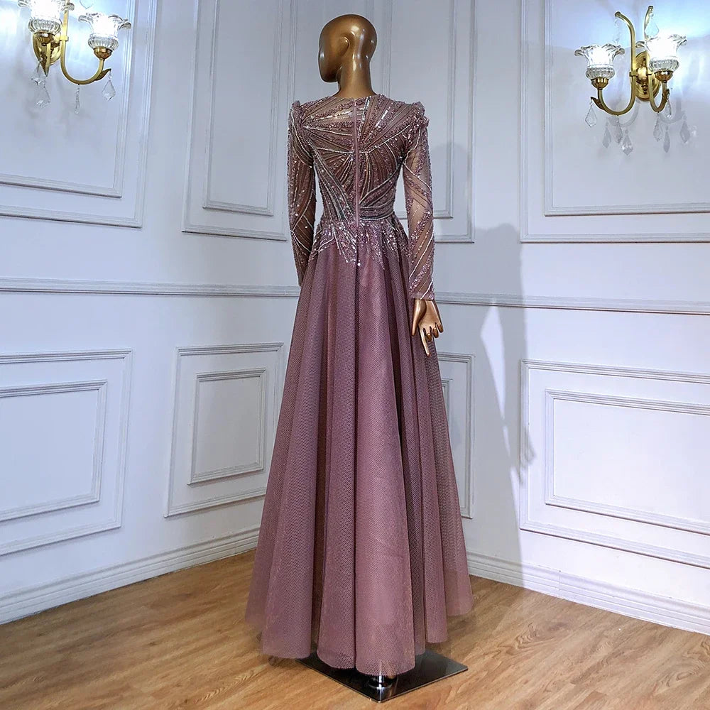 Serene Hill Muslim Pink A-Line Beaded Luxury Evening Dress Gown for Women - Wedding, Party, Prom, Formal Events - Elegant Long Sleeve Floor-Length Dress LA71290A