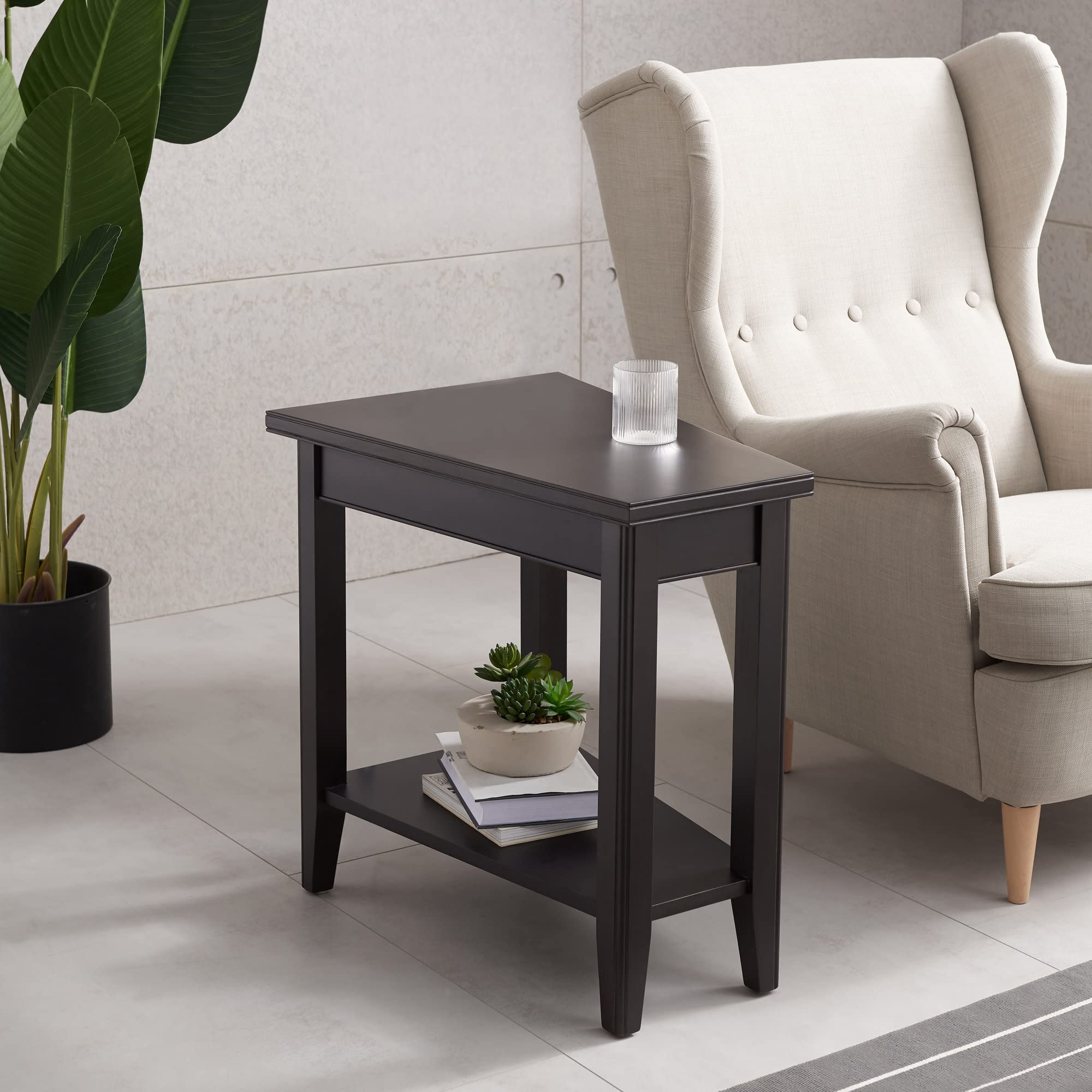 Leick Home Laurent 17-inch Recliner Wedge End Table with Storage Shelf - Solid Wood Side Table in Black (10502-BK) | Perfect for Living Room, Bedroom & Home Office Furniture