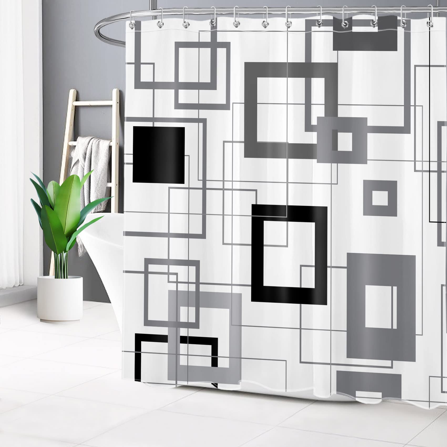 Modern Geometric Black & Grey Minimalist Shower Curtain - Waterproof Fabric Bathroom Decor with Hooks, 69x70 Inches - Perfect for Contemporary Bathrooms & Spa-Like Showers