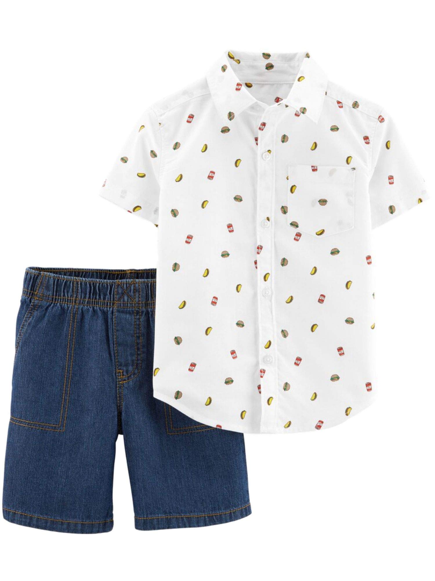 Carters Toddler Boys White Taco Print Button Up Shirt & Shorts Outfit Set - Casual Summer Beach Wear for Boys 1-3 Years