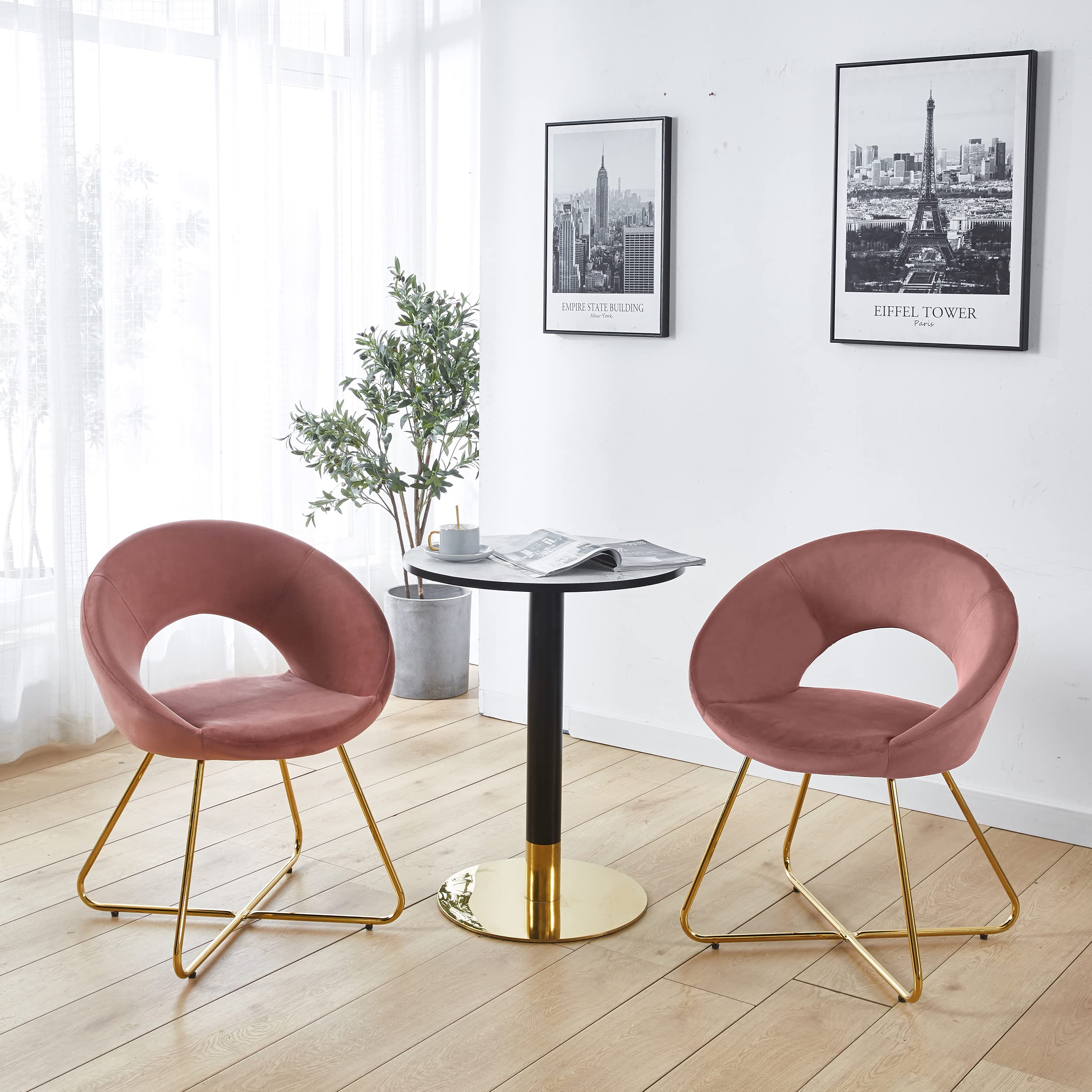 Luxury Velvet Accent Chairs Set of 2 - Modern Upholstered Comfortable Desk Chairs with Gold Base for Living Room, Bedroom & Dining Room | Perfect as Vanity Chair, Makeup Chair or Home Office Seating (Pink Velvet)