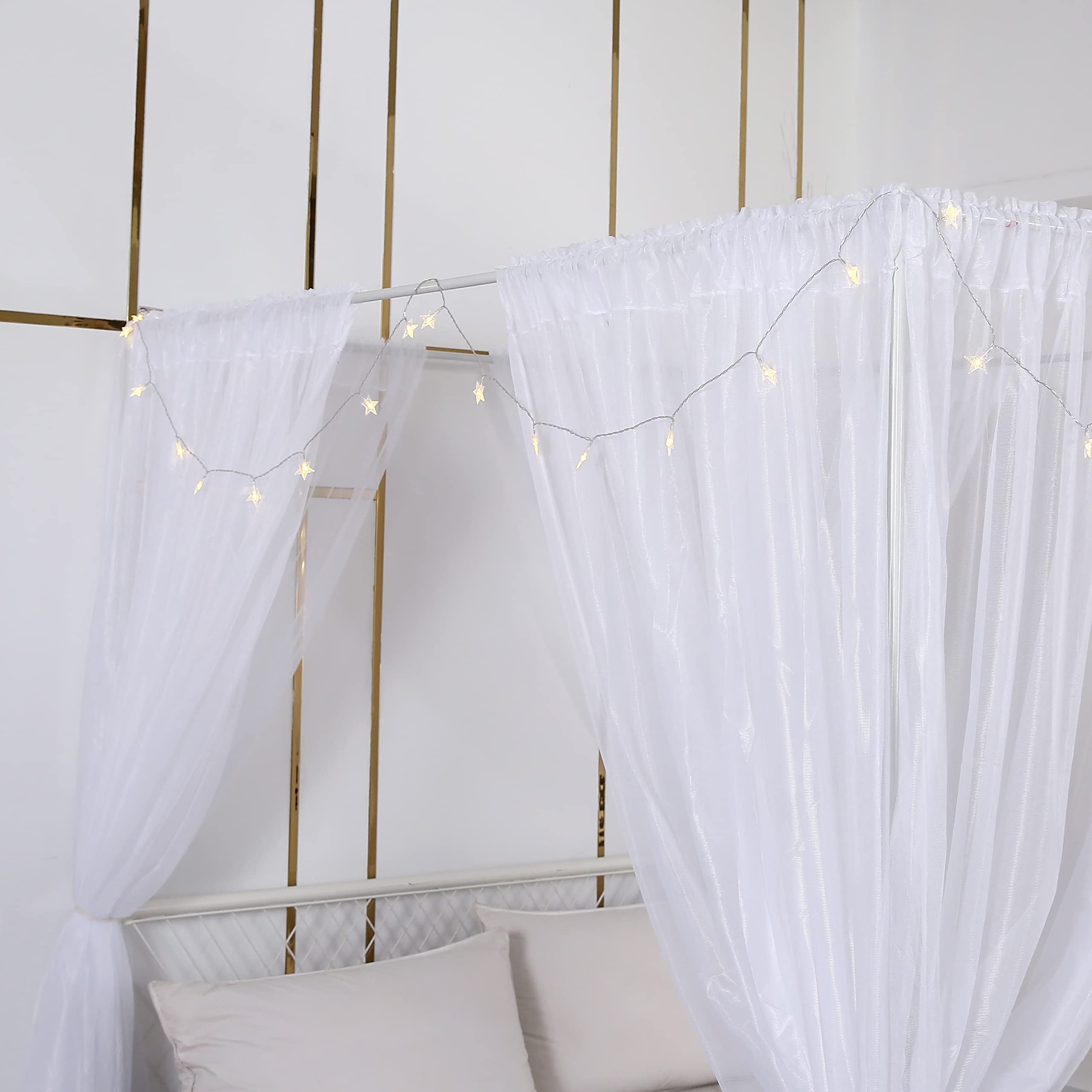 Princess Canopy Bed Curtains Set with Star Lights - Sheer Canopy for King Size Bed, 8 Panel Bed Canopy (White) - Perfect for Girls' Bedroom Decor, Fairy Tale Theme & Romantic Bedroom Makeover