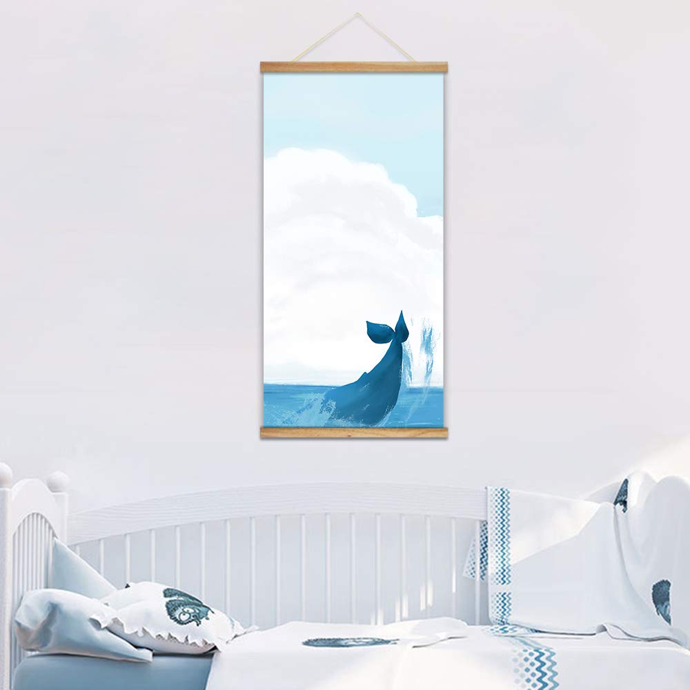 Blue Whale Wall Art Poster - 18x36 Inch Wood Frame Hanging Picture for Home & Office Decor - Perfect for Living Room, Bedroom, or Nursery