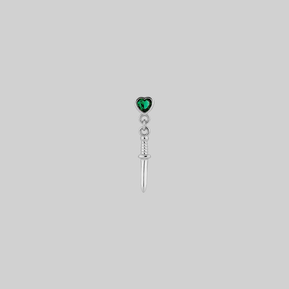 REIGN Sterling Silver Green Heart & Dagger Drop Earrings for Women - Elegant Gothic Jewelry for Parties, Date Nights, and Special Occasions