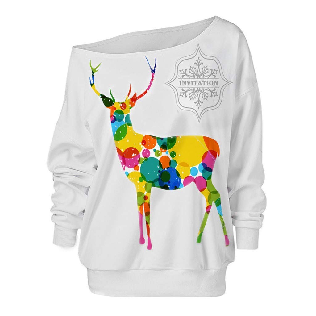 YOMXL Women's Christmas Elk Print Off-Shoulder Sweatshirt - Fashion Skew Neck Long Sleeve Loose Tops for Holiday Parties & Cozy Winter Outings