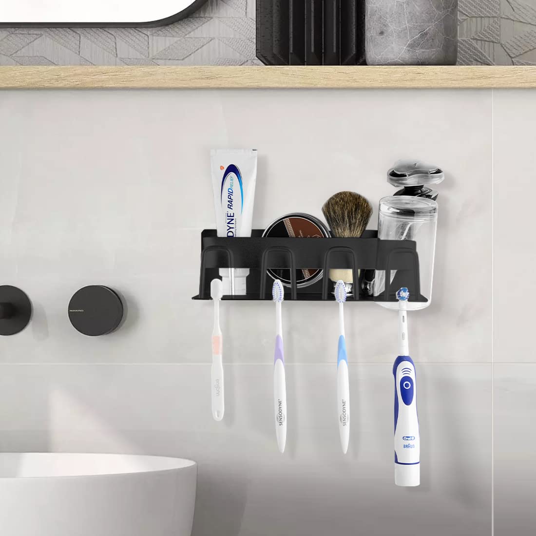 Stainless Steel Wall Mounted Toothbrush Holder for Bathroom - 4 Cup Toothbrush & Toothpaste Organizer with Razor Holder - Space Saving Shower Storage Solution - Perfect for Small Bathrooms, Apartments & Dorm Rooms (Black)