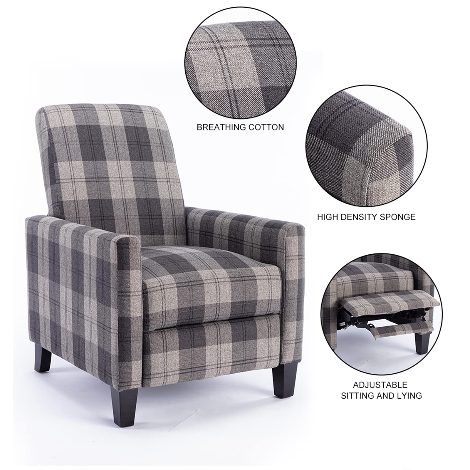 Goujxcy Push Back Recliner Accent Chair - Adjustable Footrest, Upholstered Linen Club Chair for Living Room, Home Theater & Reading - Comfortable Single Recliner Sofa (Grey) - Perfect for Relaxing, Movie Nights & Cozy Reading Nooks