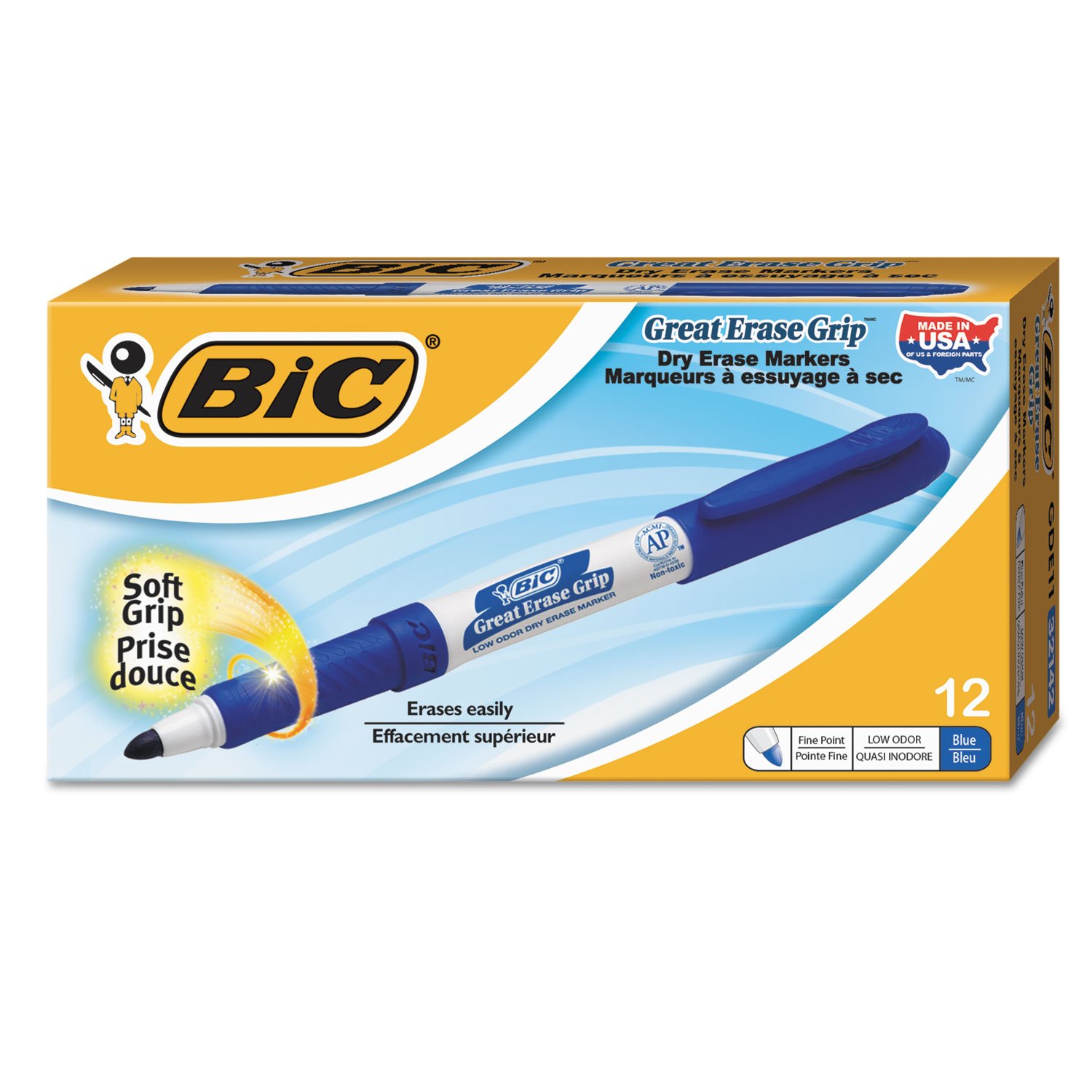 BIC GDE11BE Dry Erase Markers - 12 Pack, Low Odor, Fine Point Whiteboard Markers for Office, Classroom & Home Use - Great Erase Grip for Smooth Writing & Easy Cleaning
